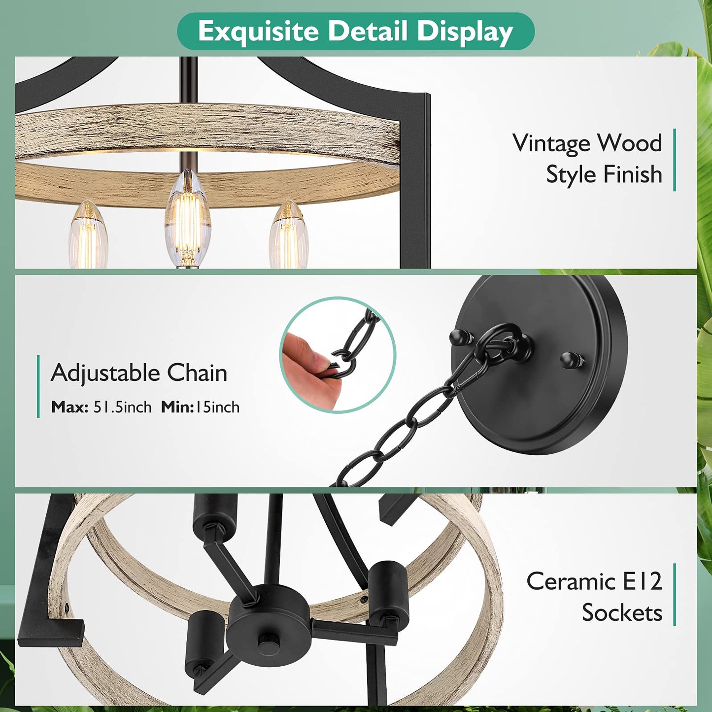 3-Light Rustic Farmhouse Pendant Hanging Light Adjustable Height Max 68in, 14.5” Convertible Vintage Semi Flush Mount Ceiling Light Fixture Black Metal Chandelier Wood Finish Kitchen Dining Room
