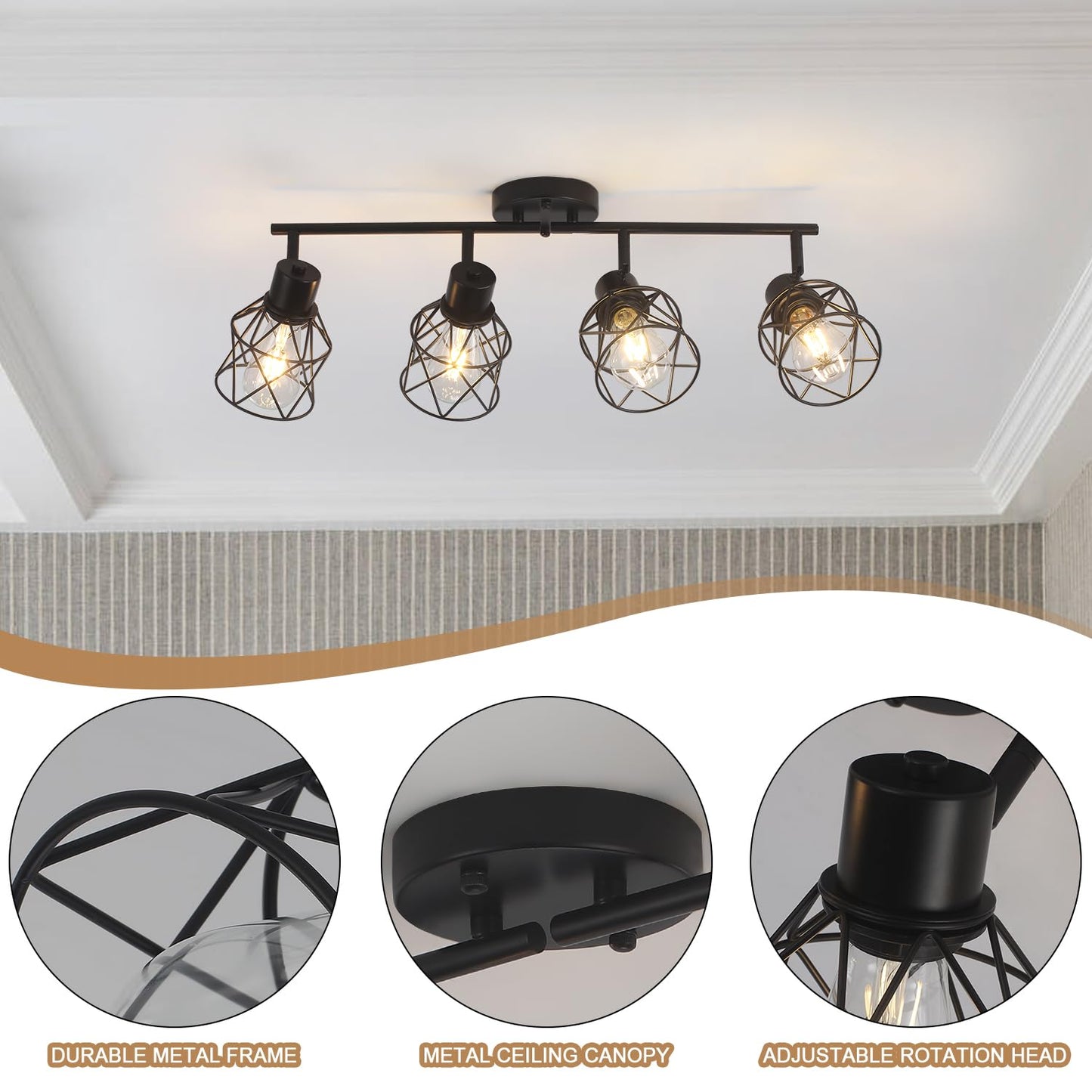 BUXVRCS Adjustable Multi-Directional Black Light Fixtures, Semi Flush Mount Ceiling Light, Kitchen Light Fixtures Ceiling Mount, Geometric Metal Cage Industrial Spotlight Fixtures for Dining Room