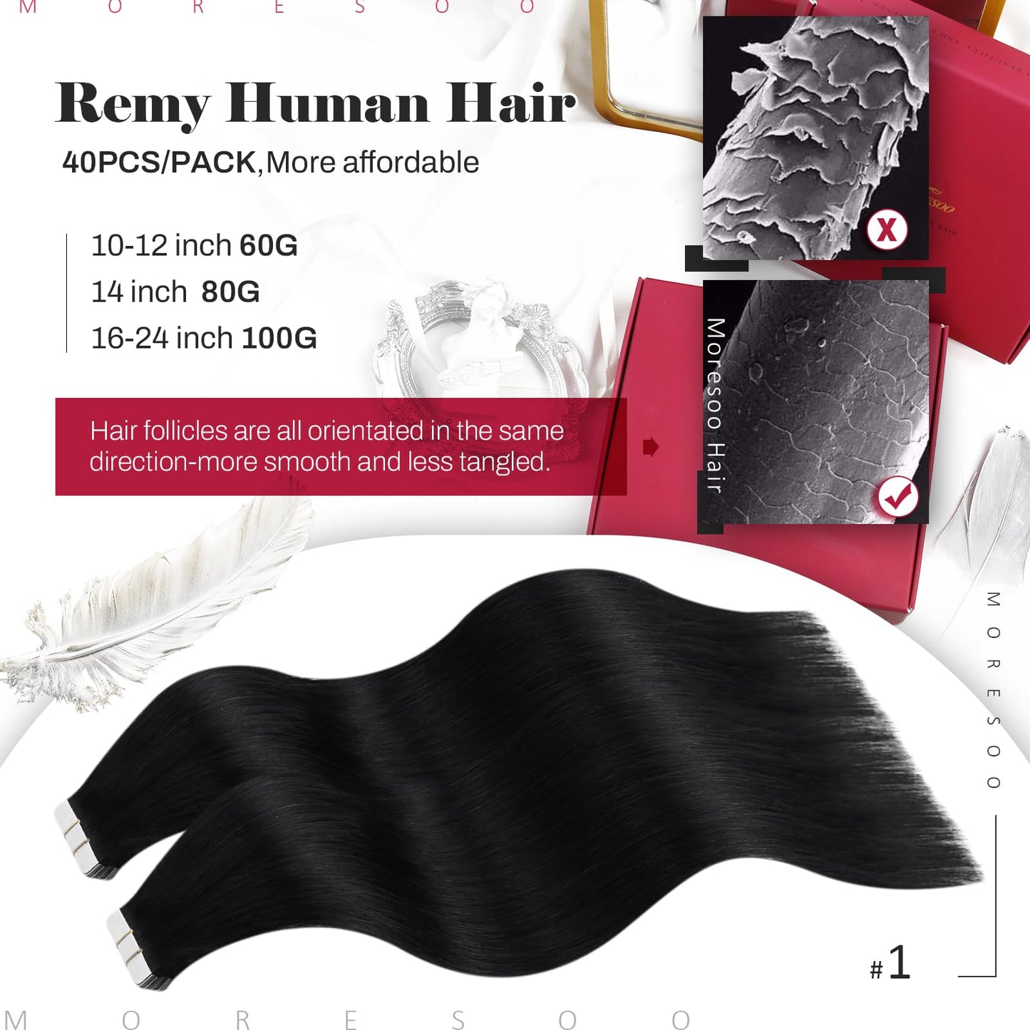 Moresoo Tape in Hair Extensions Human Hair 24 Inch 40Pcs Jet Black Hair Extensions Human Hair Tape in 100g Seamless Invisible Tape in Hair Extensions Human Hair #1