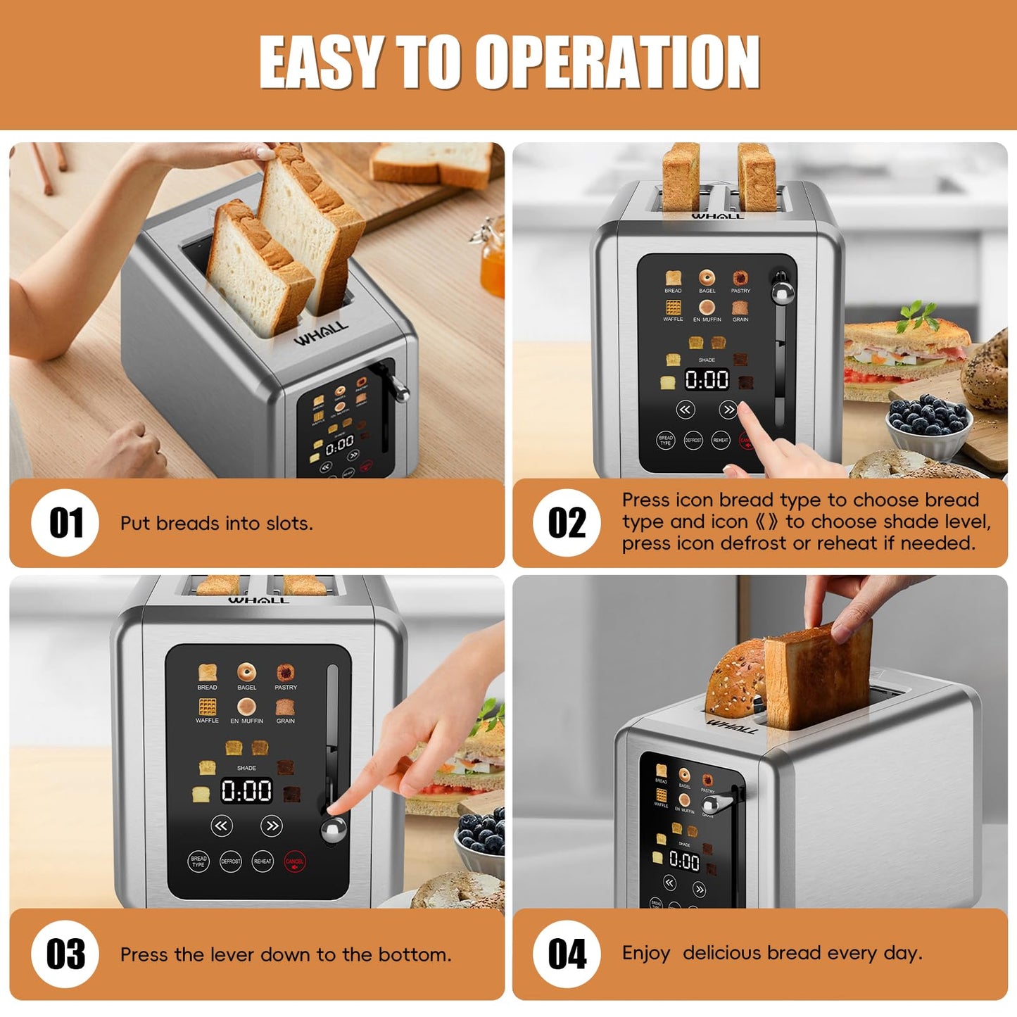 WHALL® Touch Screen Toaster 2 Slice, Stainless Steel Digital Timer Toaster, 6 Bread Types & 6 Shade Settings, Smart Extra Wide Slots Toasters With Bagel, Cancel, Defrost Functions