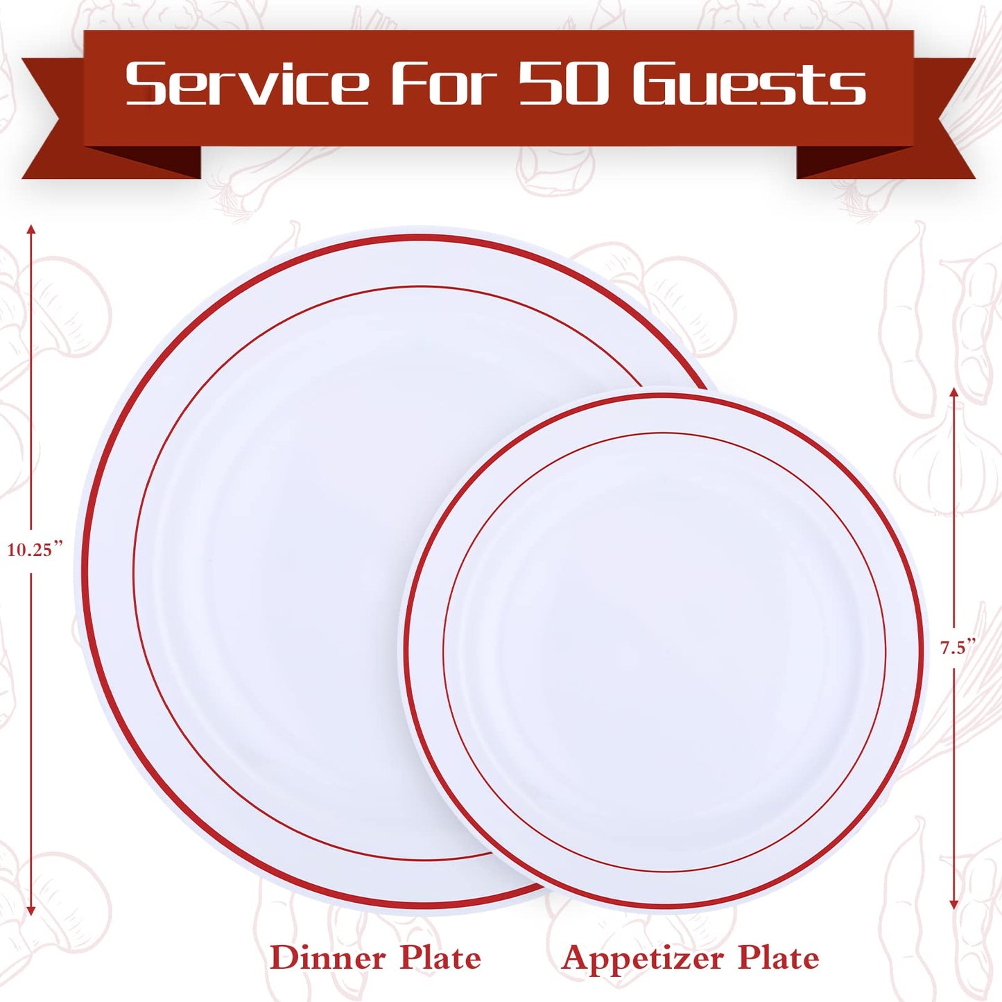 100 Pieces Party Plates Disposable Dinnerware Set 50 Guests Disposable Plastic Dinnerware for Party Dinner and Salad Plates, Plastic Plate with Elegant Rim for Wedding Graduation Party(Red Rim)