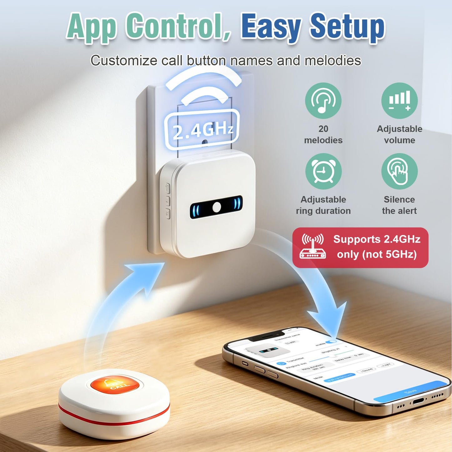 Daytech Wi-Fi Wireless Caregiver Call Button for Elderly/Patient, App Alert Systems for Seniors 、Patients and People with Disabilities ( 1 SOS Alert Watch + 1 Wireless Call Buttons + 1 Receiver)