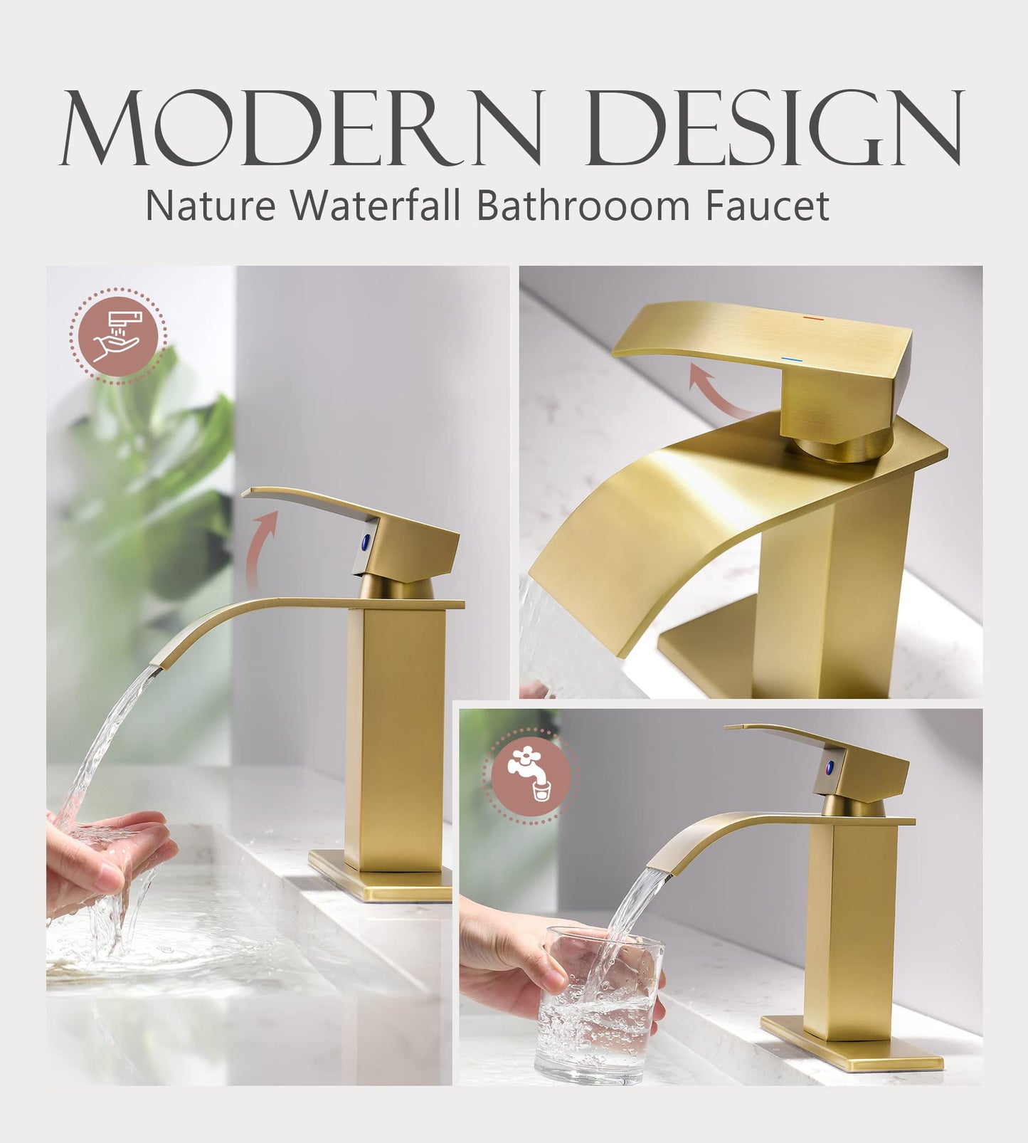 YardMonet Gold Bathroom Faucet, Modern Single Hole Waterfall Spout Sink Faucet, Brushed Gold With Drain Assembly and Hose