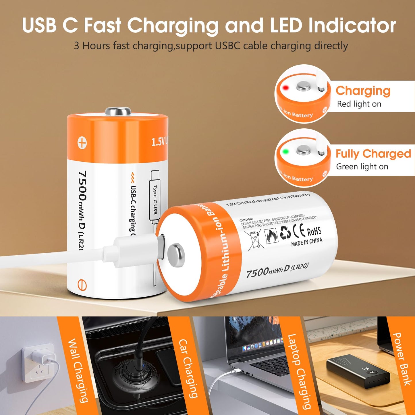 TEMIBATT Rechargeable D Batteries 8 Pack, 1.5V 7500mWh Lithium D Battery with USB-C Charging Cable, Long-Last for Flashlight, Toys, Floodlights & More