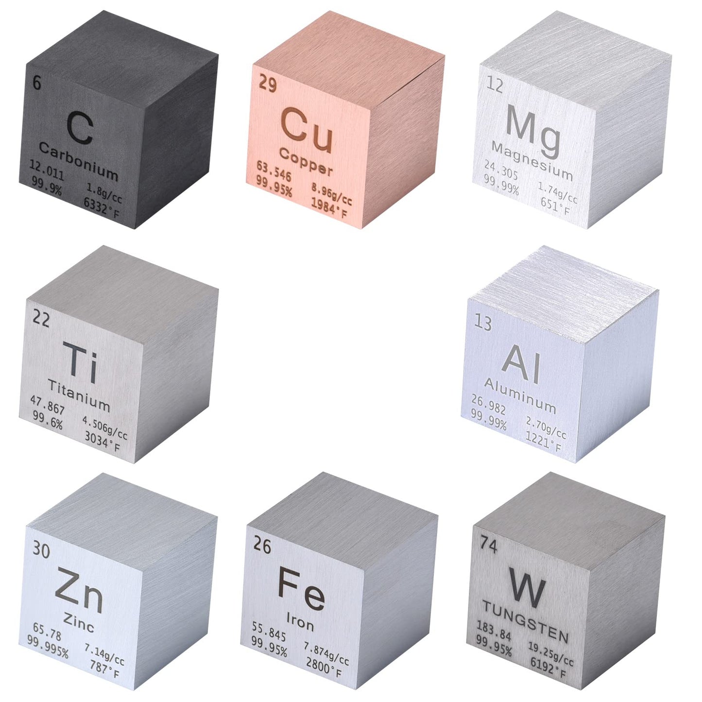 8 Pieces Element Cube Set 1” Tungsten Cube Metal, Periodic-Table of Elements, 99.95% Purity, Laser Engraved, Tungsten Titanium Copper Iron Aluminum Zinc Magnesium Carbon for Teaching, Gift, Collection