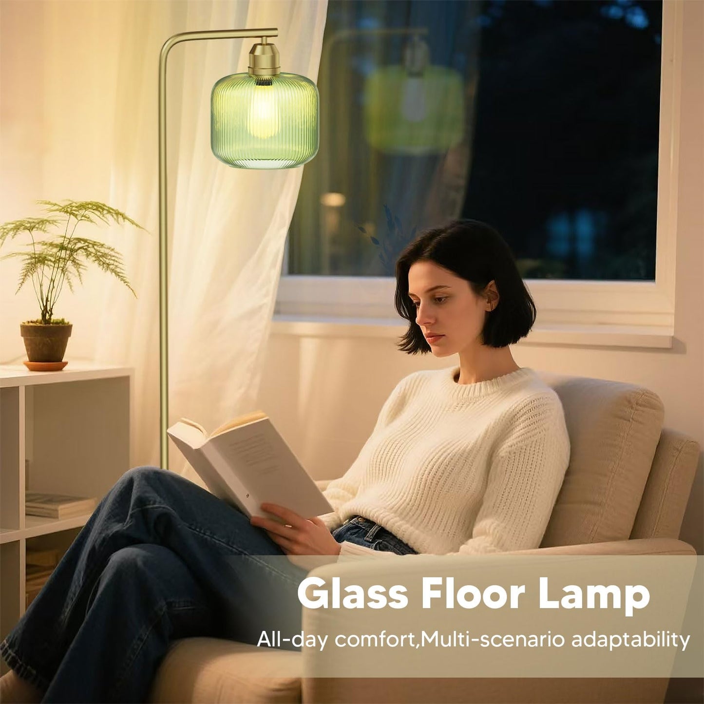 Glass Floor Lamp for Living Room, Modern Standing Lamp with Green Ribbed Glass Lampshade and Pedal Switch, 66” Tall Lamp & Gold Floor Lamp for Bedroom Study Room,Brushed Gold(3000K LED Bulb Included)