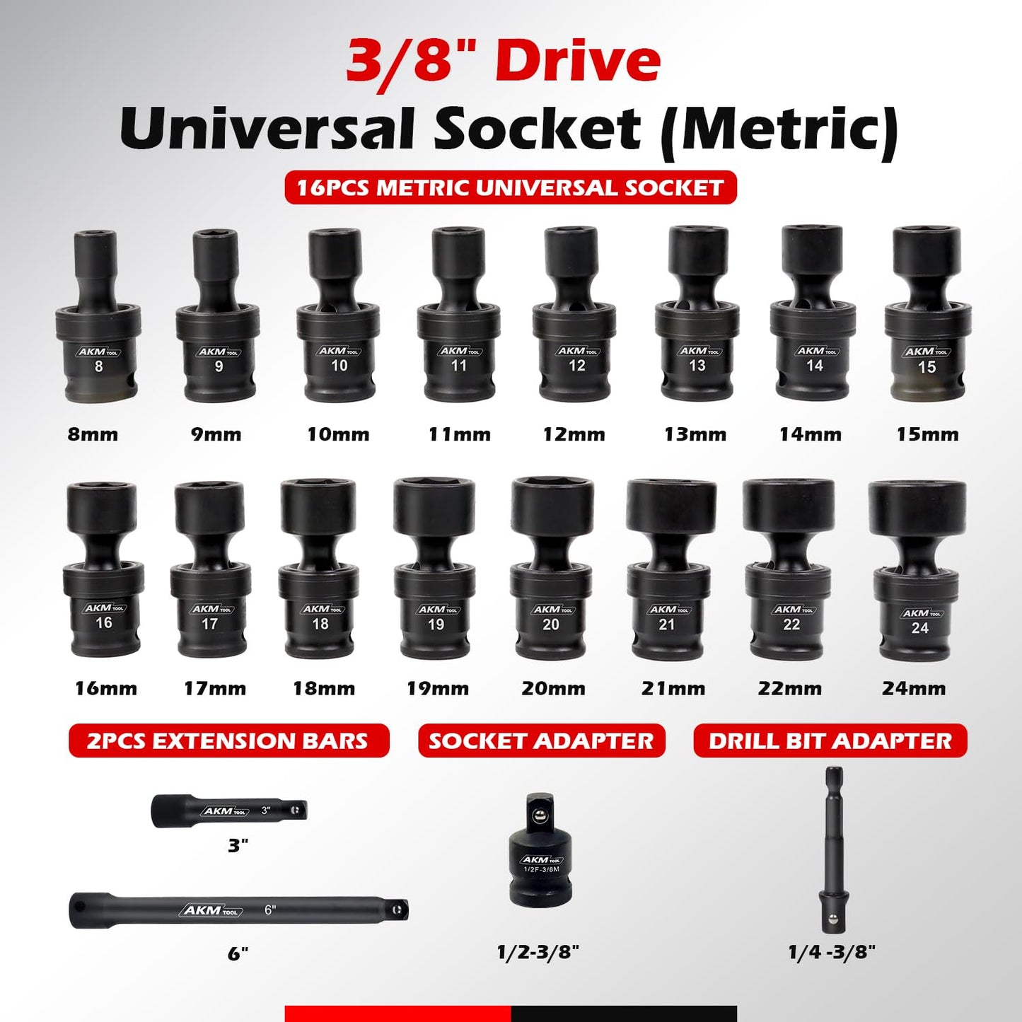 AKM TOOL 3/8" Drive Universal Impact Socket Set, 20 Piece Swivel Socket Set, Universal Joint Socket 6-Point, Metric, 8-22mm, Cr-Mo,with Extension Bars, Socket Adapter, Drill Bit Adapter