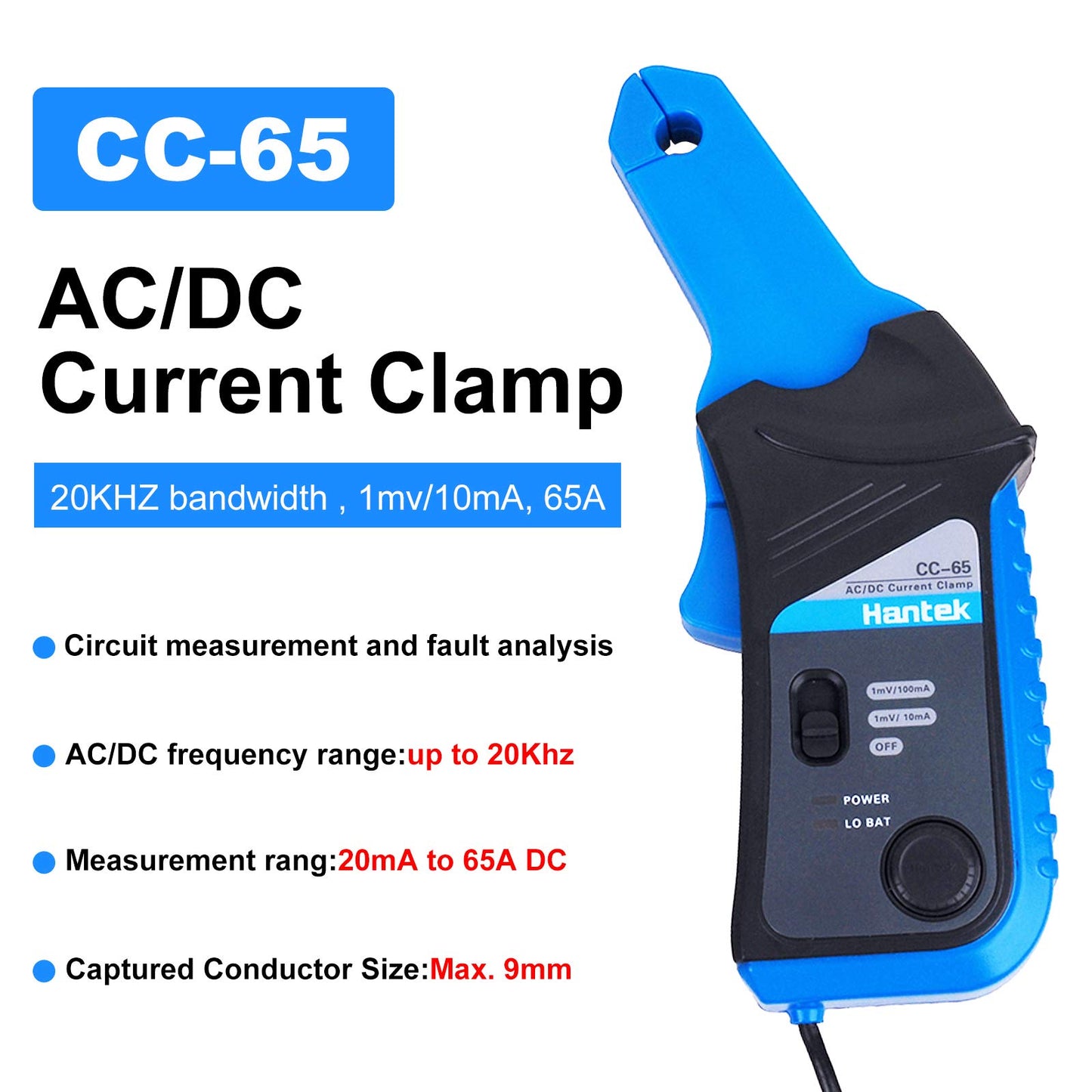 Hantek CC-65 AC/DC Multimeter Current Clamp Meter with BNC Connector Up to 20 kHz 20mA to 65A DC