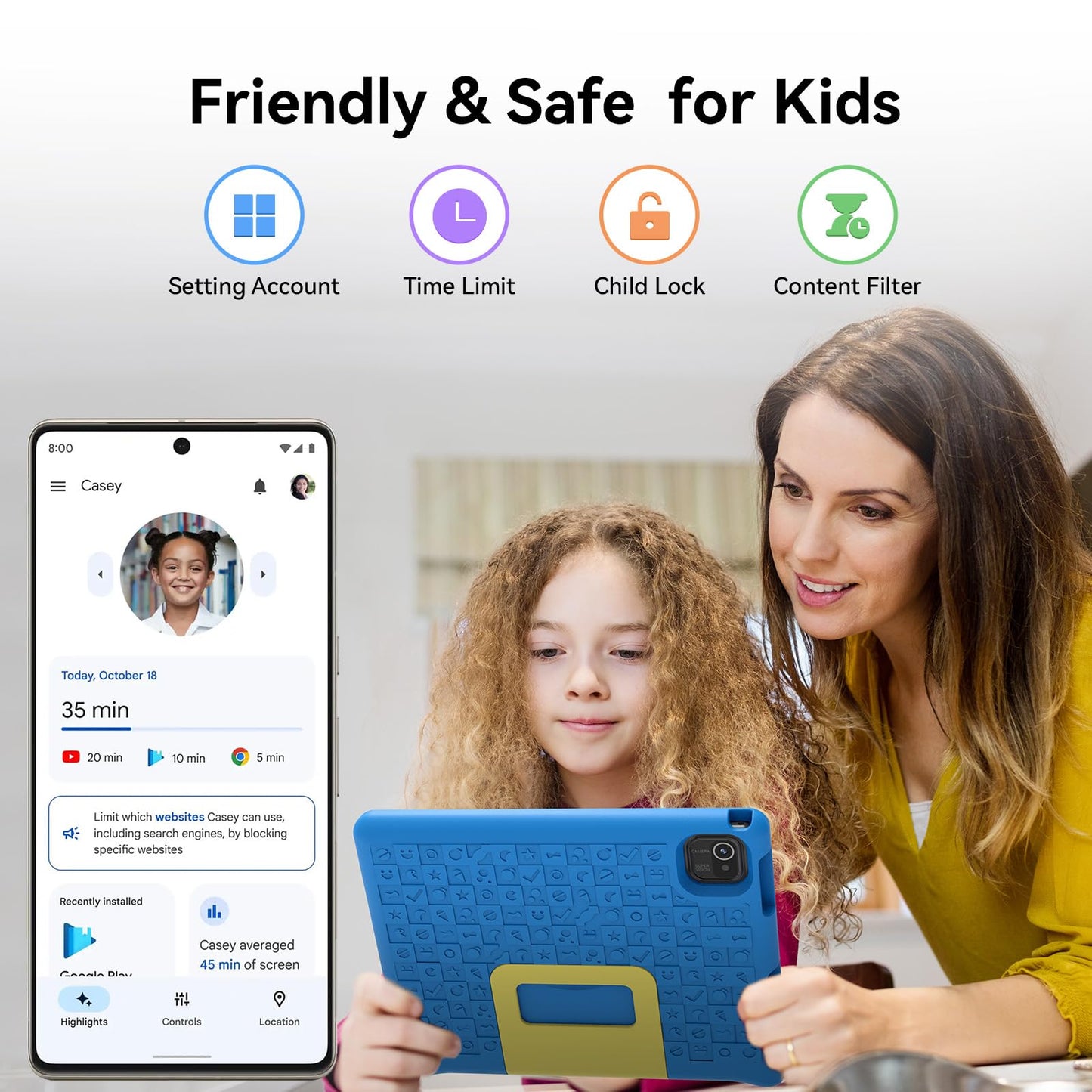 ApoloMedia Kids Tablet 10 inch, Tablets for Kids Ages 3-7 with EVA Case, 32GB Storage(TF Expand 512GB), Pre-Installed Google Kids Space, Family Link, Child Education Contents, 5000mAh Battery - Blue