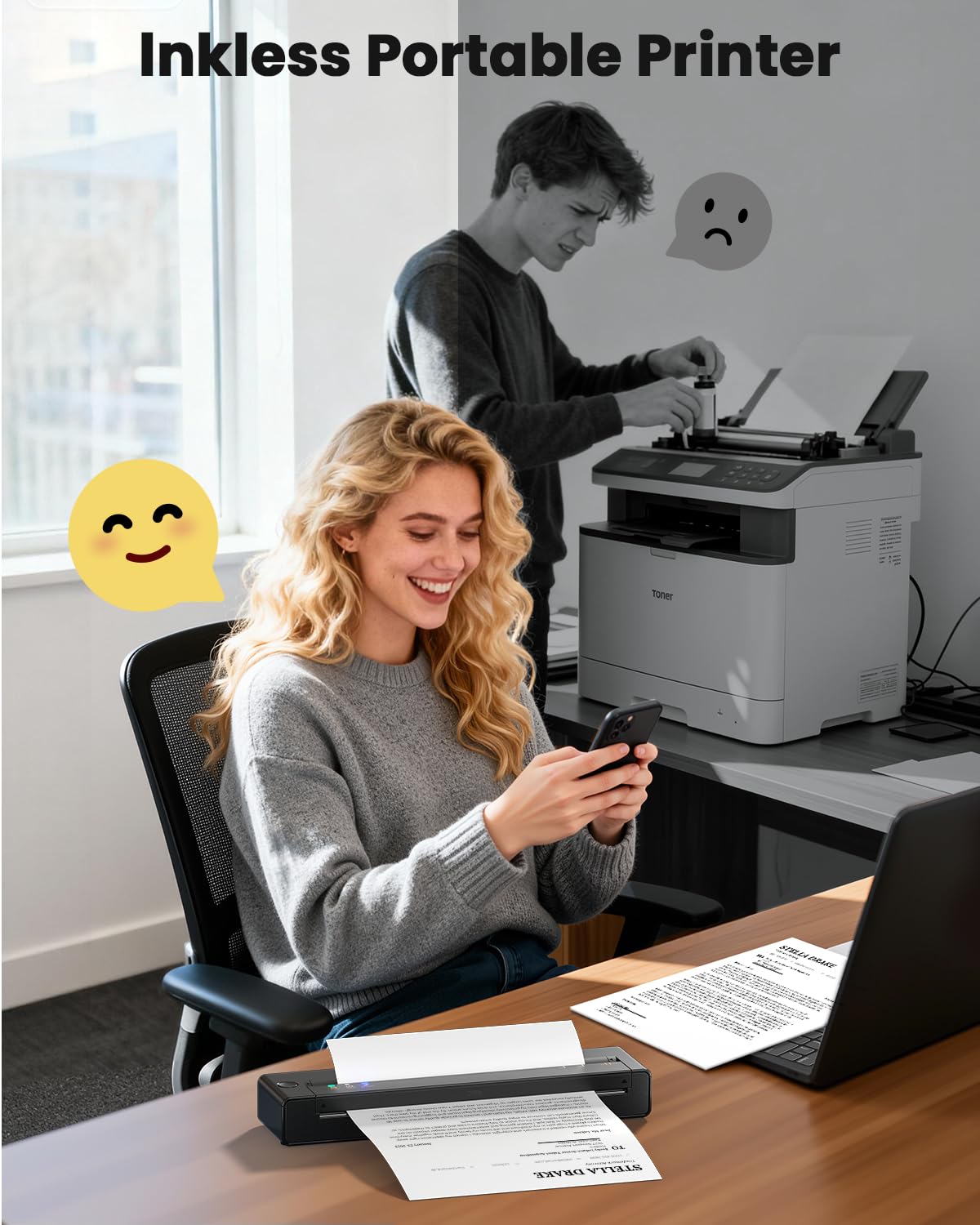 TATTMUSE Portable Printers Wireless for Travel, Inkless Printer Thermal Small Bluetooth Mobile for Home Use, Support 8.5" X 11" US Letter & A4 Size Thermal Paper