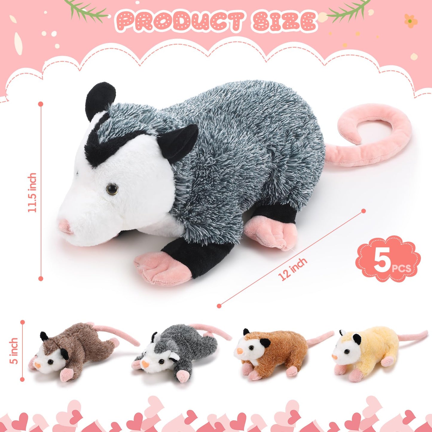 Hollowfly 5 Pcs Stuffed Opossum Mommy Possum Plush with 4 Baby Opossums Stuffed Toy on Her Back, Magnetic Attraction Cotton Plush Animal Toy Gift for Boys Girls Possum Lover(Classic)