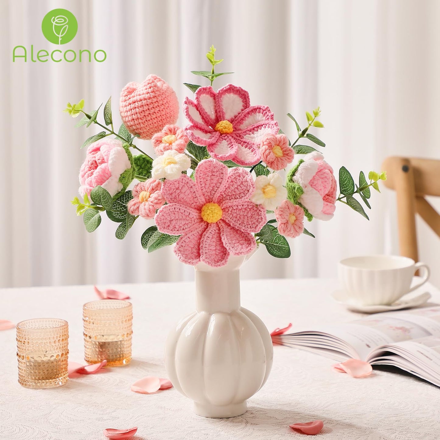Alecono Crochet Flower Bouquet, Pink Knitted Flowers, Crochet Tulip Galsang Flower for Lover Anniversary Birthday Party Mother's Day Graduation Gifts (Include Card)