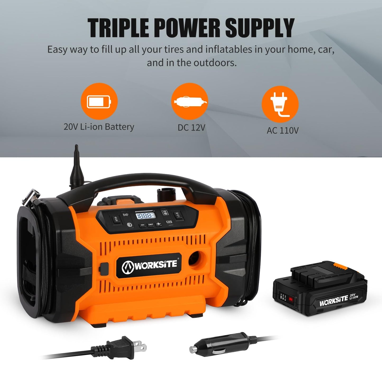 WORKSITE Tire Inflator Air compressor Portable, 160 PSI Car Tire Pump with 3 Power Supply (110V AC, 12V DC & 20V Battery) for cars, bikes, balls,Orange
