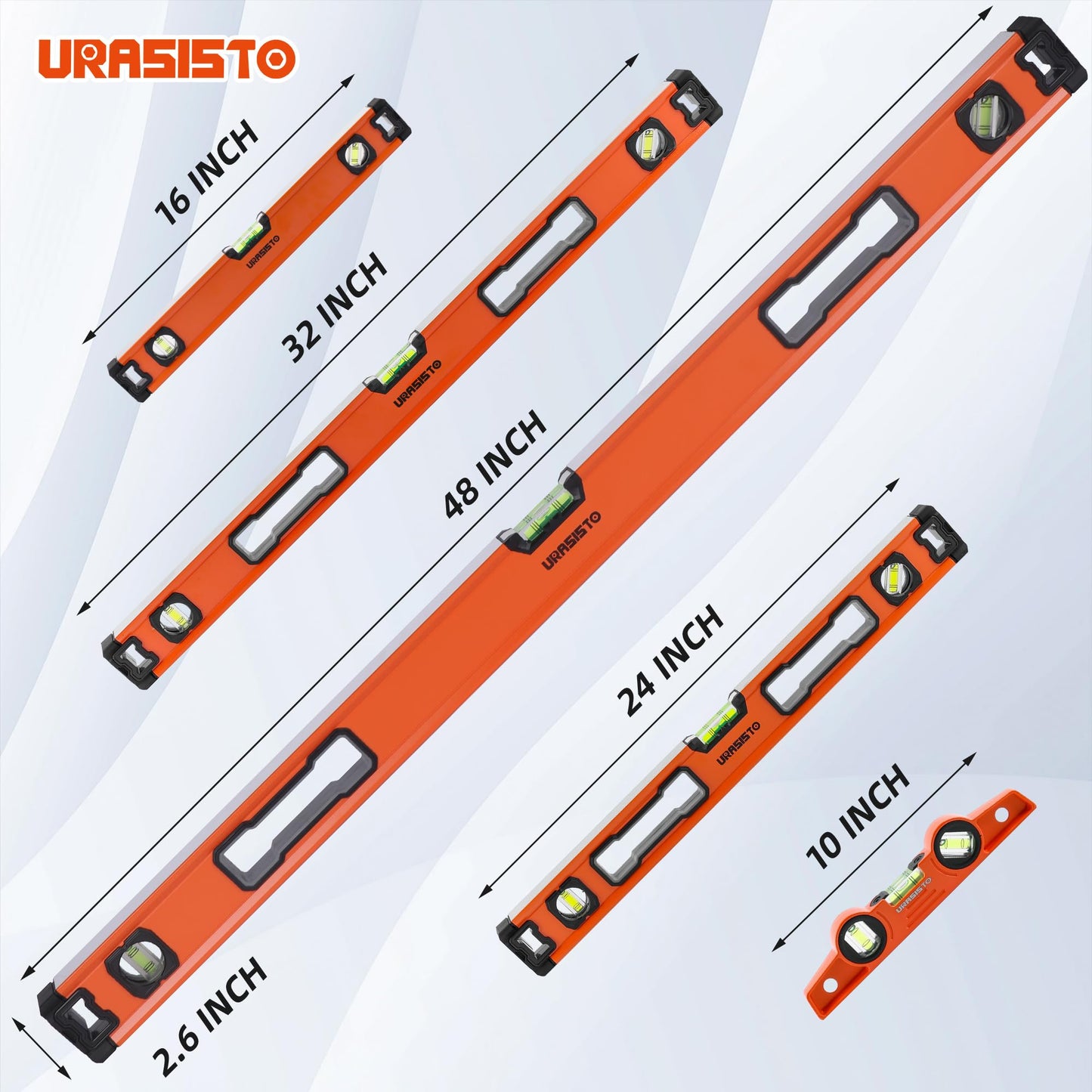URASISTO 5-Piece Spirit Level Set, 10", 16", 24", 32", 48" Level Set with Magnetic Torpedo Level, 45°/90°/180°Bubbles Measuring, Aluminium Alloy Levels with Carrying Bag
