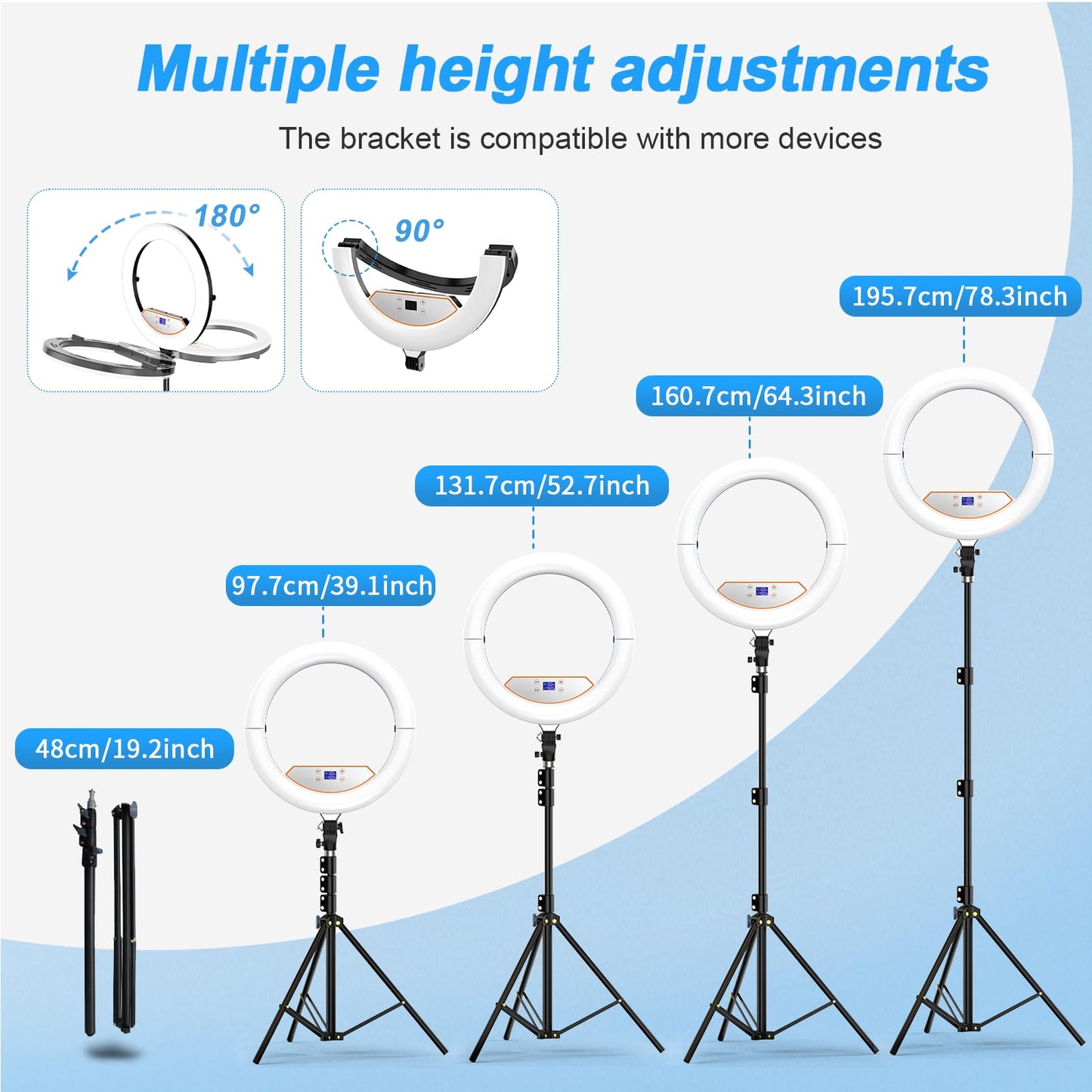 18 inch Ring Light wiht Stand+10 inch Light,Foldable Large Ring Light for ipad iPhone,LCD Display/4 Clips/2 USB Ports,2700-6500K with Tripod for Tattoo Lash Barber Makeup Photography Lighting