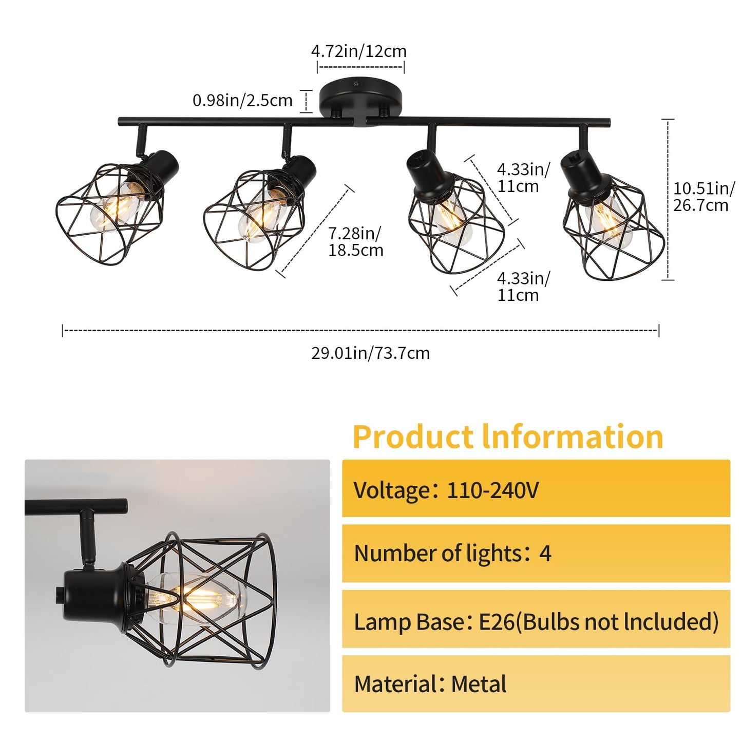 WILON Track Lighting Fixtures Ceiling 4-Light Flush Mount Ceiling Spot Lights, Industrial Track Light Black Kitchen Light Fixtures Rotatable Spotlight for Kitchen Hallway Living Room (E26 Base)