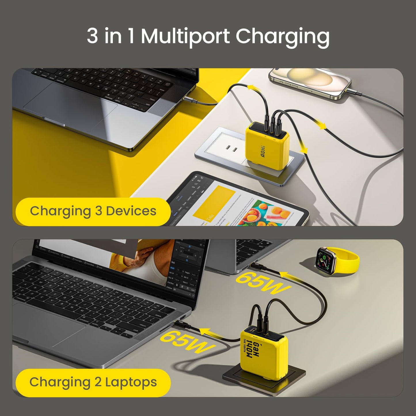 AOHI Youth 140W GaN+ USB C Charger 100W Laptop Fast Charger PD3.1 PPS 3-Port USB C Wall Charger Power Adapter for MacBook Pro 16'', Dell XPS, iPhone 16/15 Pro Max, iPad Pro, Tablet, Chromebook, Yellow