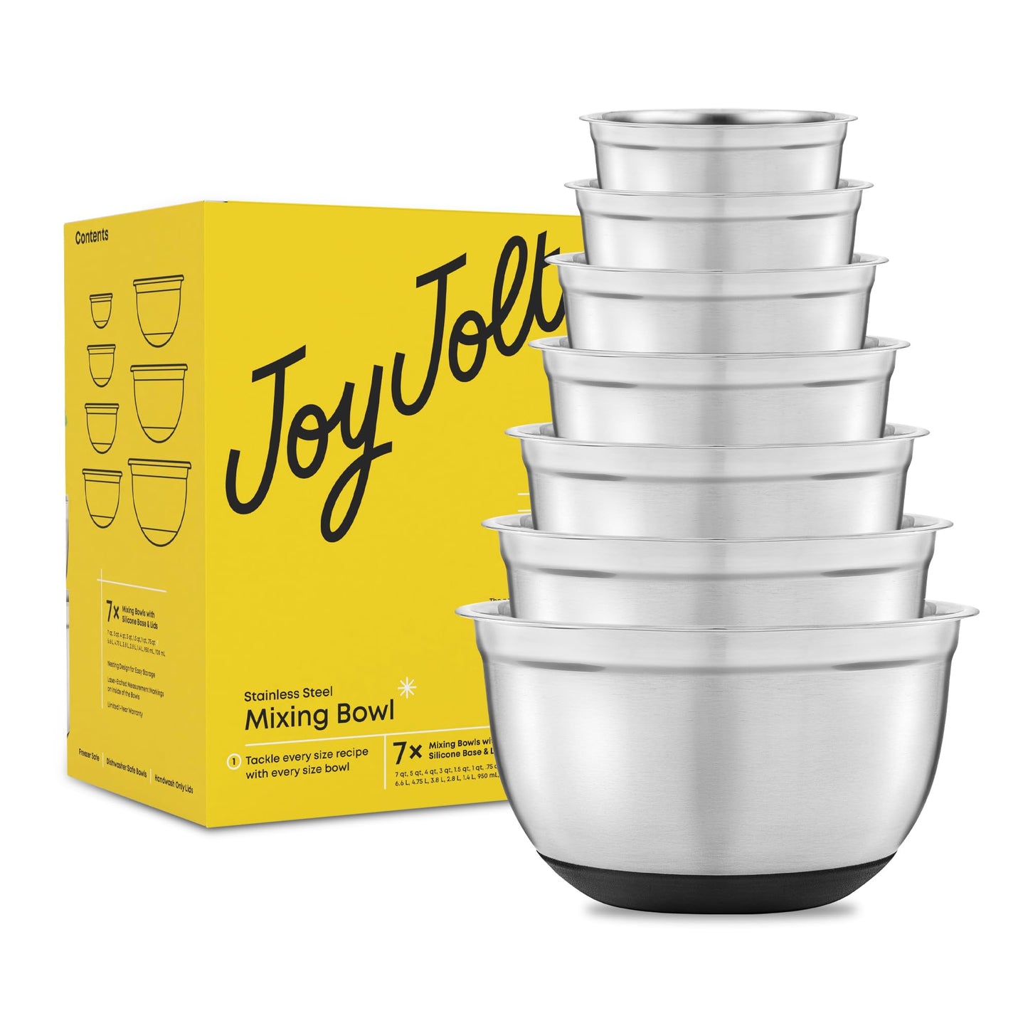 JoyJolt Stainless Steel Mixing Bowls with Airtight Lids, 7 Piece Nesting Bowls Set for Kitchen with Measurement Marks, Non-Slip Bottoms, Cooking, Baking, Prepping, Storage, 7/5/4/3/1.5/1/.75QT, Black