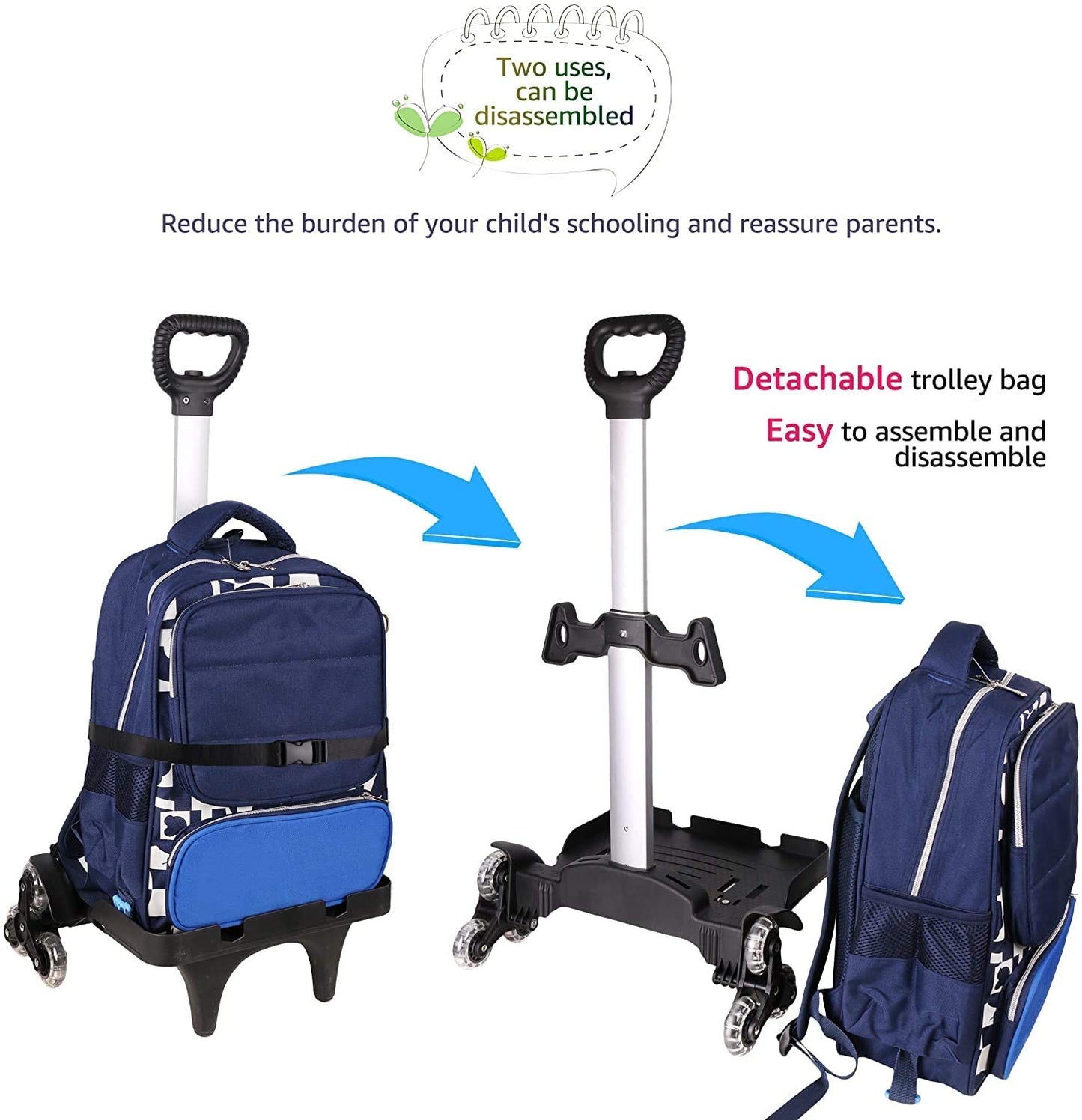 Backpack Trolley, Wheeled Trolley Aluminium Alloy Foldable Hand Cart with Border Base 6 Wheels Rolling Luggage Carts for Kids Teens Adult School Travel (6 Wheels with Edge Guard)