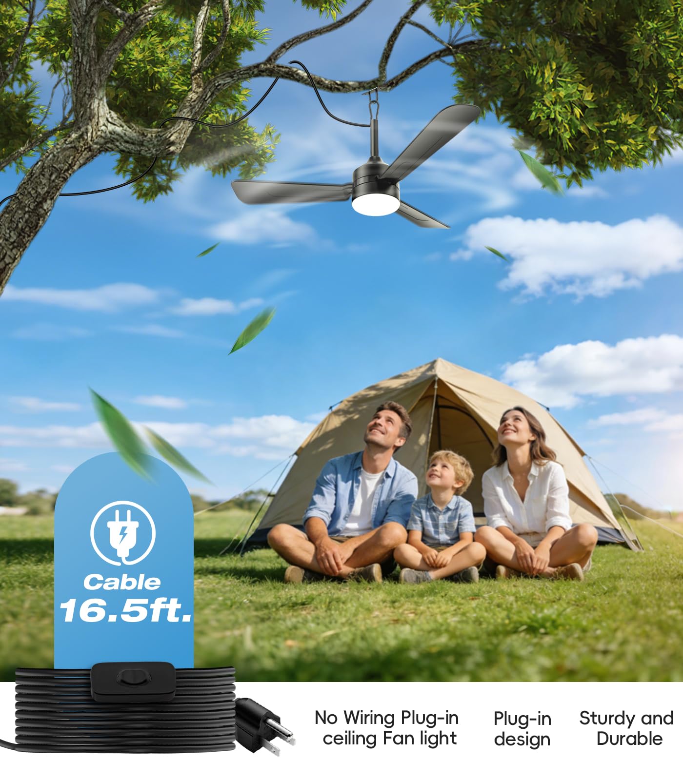 aetherlume 36 inch Plug-in Ceiling Fan Light with Remote Control,gazebo fan light,3 Blade, Dimmable 3CCT LED, Reversible,Portable Hook Design with16ft Cable for Bedroom Garage Tent Porch Kitchen
