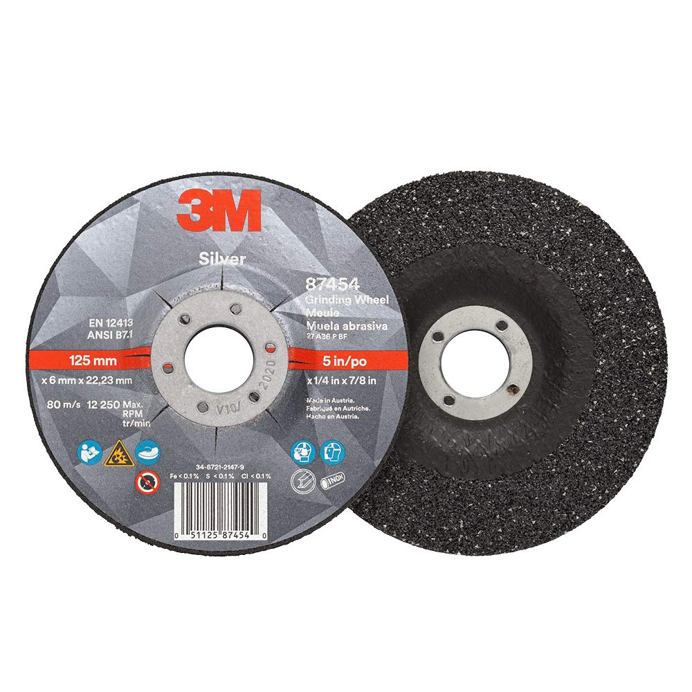 3M Silver Depressed Center Grinding Wheel, 87454, T27, 5 in x 1/4 in x 7/8 in, Pack of 10, Deburring Edges, Heavy Stock Removal, Stainless Steel, Mild Steel, Right Angle Grinding