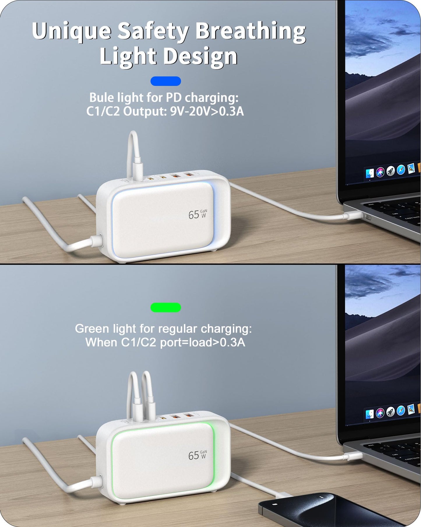 KWRNVO Power Strip with USB Ports, 65W USB C Charger for Laptop 5FT Flat Extension Cord Outlet Extender with 2 AC Outlets, 3 USB C Ports, 2 USB A Ports, Surge Protector Desktop USB Charging Station