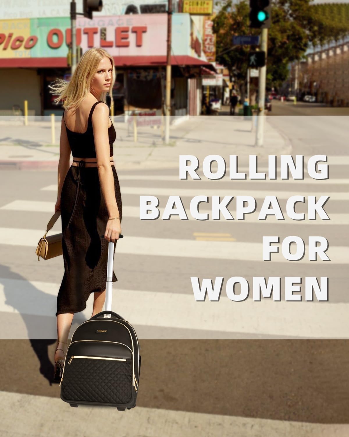 Arcoyard Small Rolling Backpack for Women, Lightweight Travel Backpack with Wheels, Roller Backpack for Adults, Water Resistant Rolling Laptop Bag, Wheeled Underseat Carry On Luggage, Black Gold