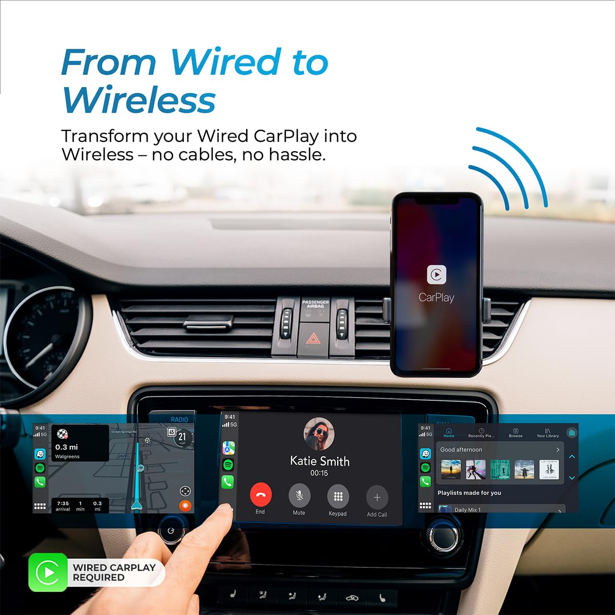 AutoSky Wireless CarPlay Adapter 2023 Pro Edition - Fastest and Most Compact Wireless CarPlay Adapter Factory Wired CarPlay Cars – USB-A and USB-C Cables – Wired CarPlay Required