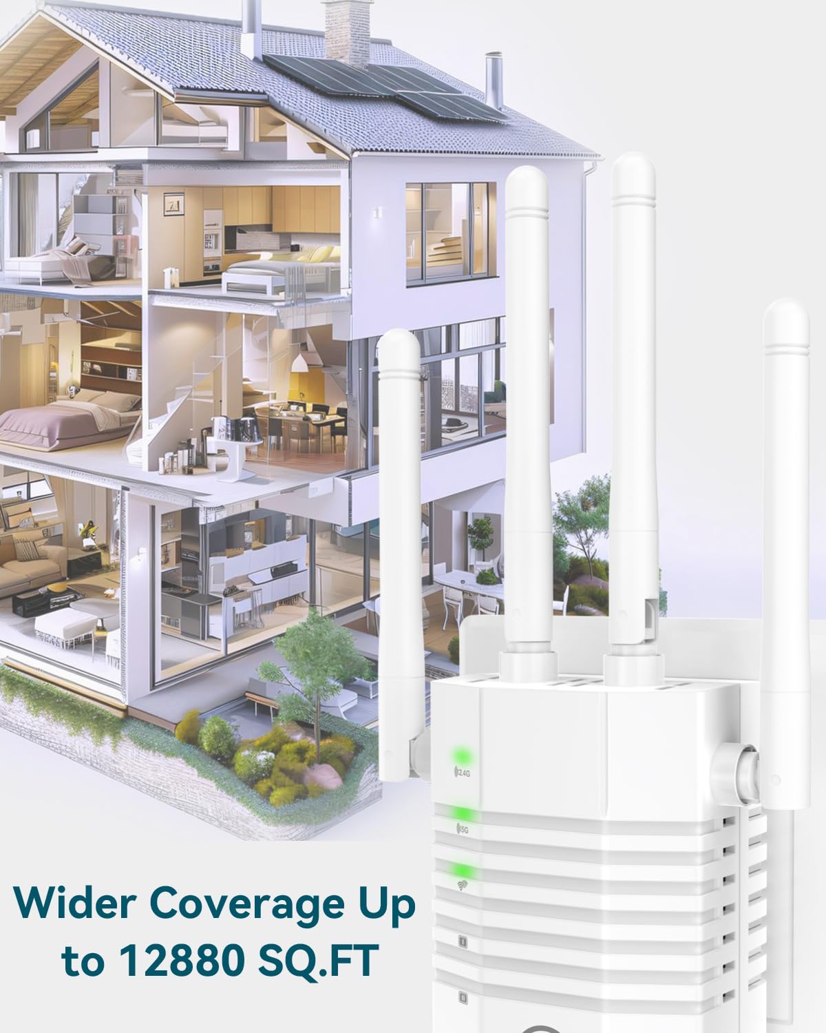 AOOEPU 1200Mbps Dual - Band WiFi Extender Signal Booster, WiFi Extender with 4 Antennas, WiFi Booster Covers Up to 12880 Sq.ft & 105 Devices, WiFi Repeater with Wall - Plug Signal Booster for Home