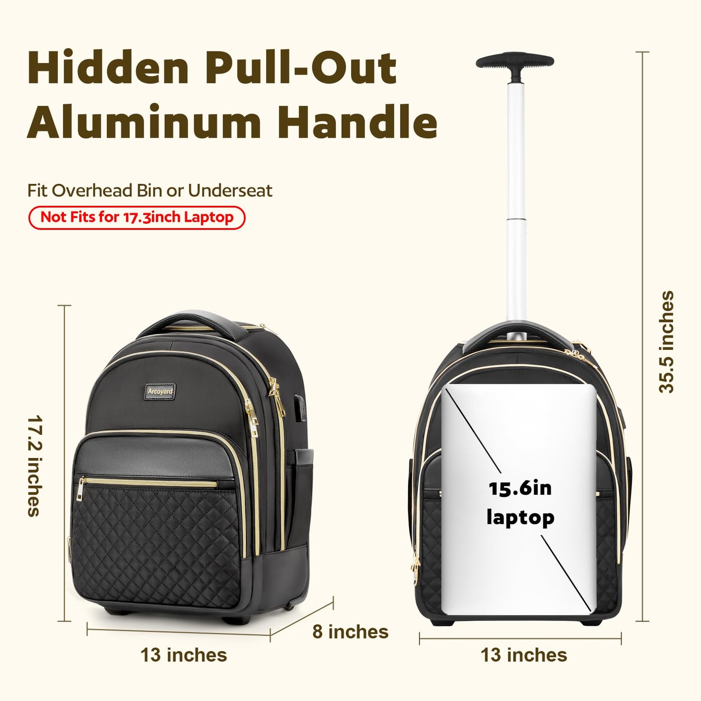 Arcoyard Small Rolling Backpack for Women, Lightweight Travel Backpack with Wheels, Roller Backpack for Adults, Water Resistant Rolling Laptop Bag, Wheeled Underseat Carry On Luggage, Black Gold