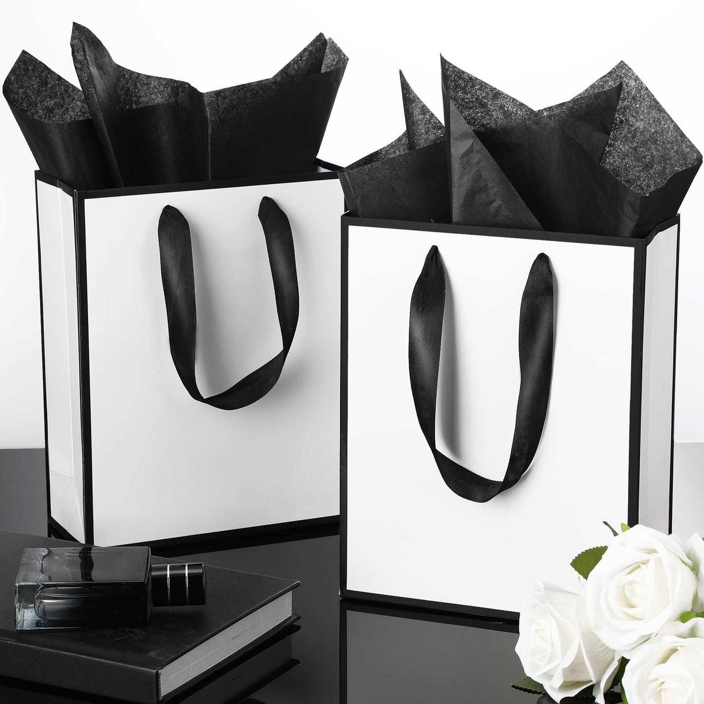 Yeaqee 50 Pack Metallic Gift Bags with Handle and Tissue Paper Gold Foil Welcome Bag for Wedding Guest Fall Party Hotel Guest 5 Senses Gifts Birthday Baby Shower Holiday 9x7x3.15''(White Black)