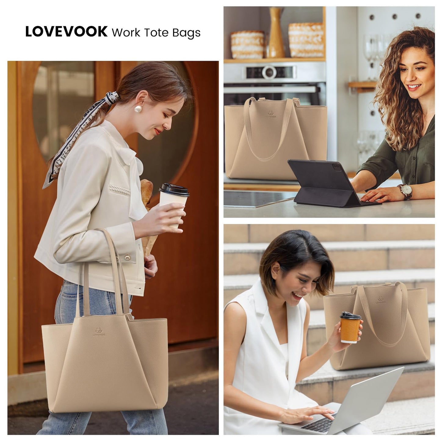 LOVEVOOK Laptop Tote Bag for Women 17 Inch Work Bag Leather Laptop Bag with Clutch, Large Capacity Office Purse Computer Briefcase Shoulder Bag for Casual Business Travel, Sandy