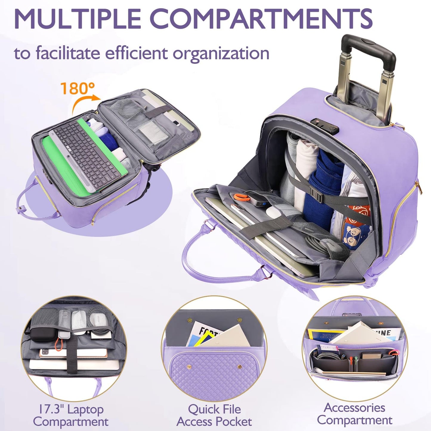 Arcoyard Rolling Teacher Bag, Briefcase for Women with 4 Spinner Wheels, Roller Laptop Bag for Work with Leather Handle, Womens Travel Carry On, TSA Friendly Design, Purple
