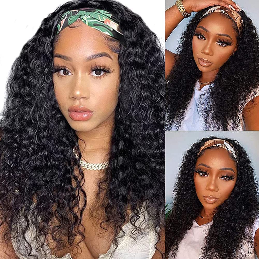 Aiterina 26 Inch Headband Wig Human Hair Deep Wave Headband Wigs for Black Women Virgin Human Hair Headband Wig Glueless Curly Headband Wig Human Hair Headband Wig Natural Color
