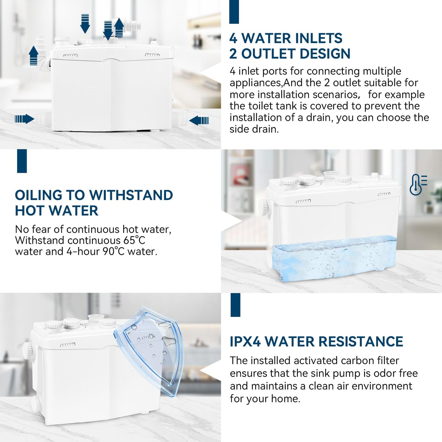 1200W Utility Sink Pump with Blade PCB Function Macerator Sewerage Sump Pump Upflush to 39.4FT 2800GPH with 4 Water Inlets 2 Outlets Drain for Sink Shower Laundry Washing Machine Kitchen Basement