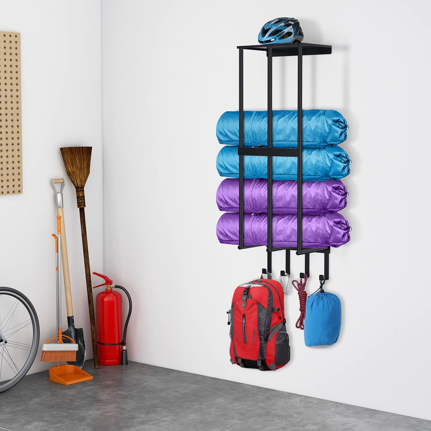 Camping Chair Wall Storage for Garage - Metal Rack Holder, Floating Shelf, 4 Hooks, Stainless Steel - Beach Chair and Umbrella Organizer, Black