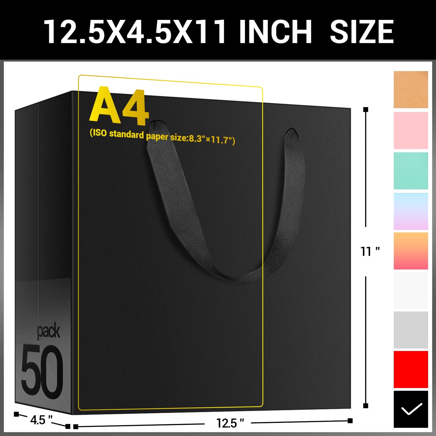EUSOAR Large Gift Wrap Bags Bulk, 50 Pack 12.5x4.5x11 inches Black Paper Bags with Handles, Heavy Duty Totes for Wedding, Grocery, Boutique, Retail, Business, Party Favors, Baby Showers, Birthdays