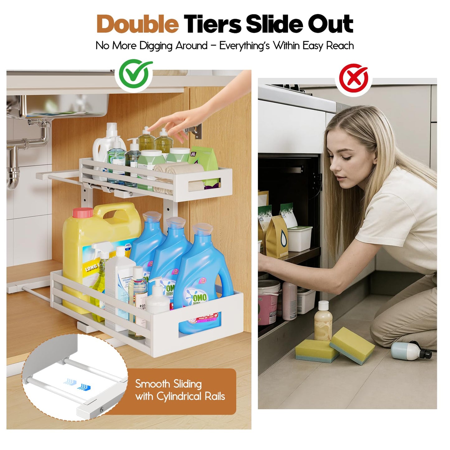 2-Pack Under Sink Organizers and Storage,2-Tier L Shape Pull Out Cabinet Organizer With Round Tube Slide Rails,Hight Adjustable Slide Out Drawers for Kitchen&Bathroom,Multi-Purpose Storage Shelf-White