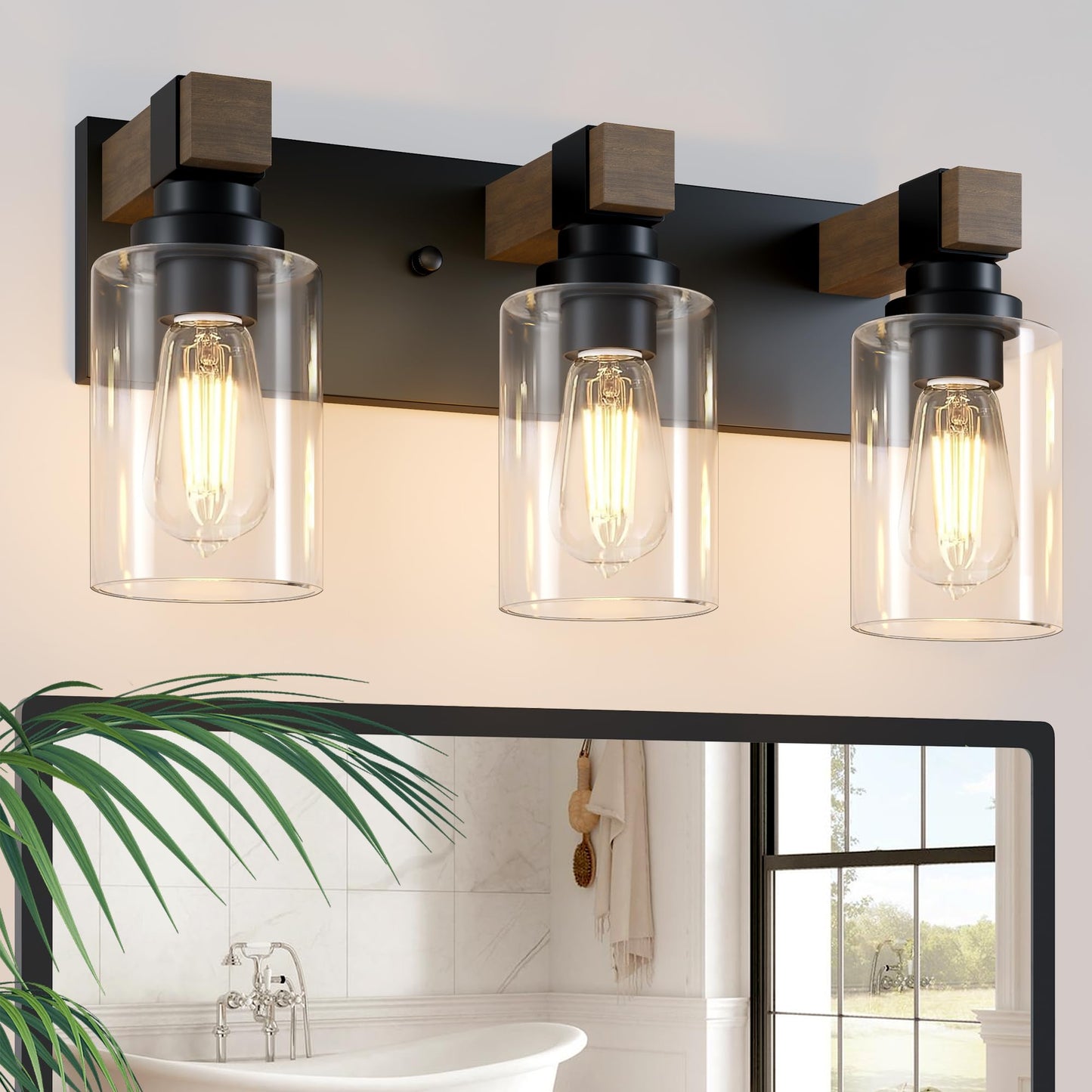 Farmhouse Bathroom Vanity Light Fixtures, Rustic 3-Light Wood Vanity Lights for Bathroom, Vintage Black Wall Sconces Lighting, Light fixtures Over Mirror, with Glass Shade