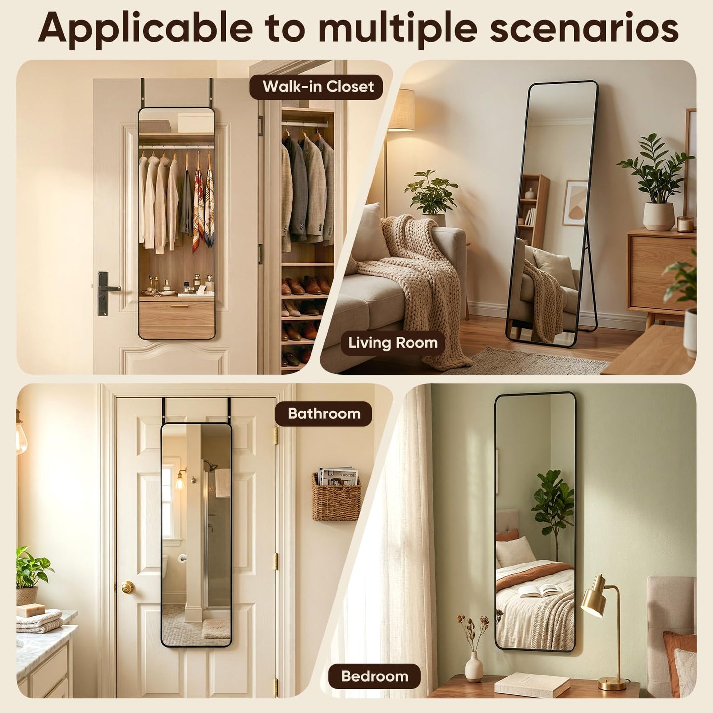 Antok 48"x14" Over the Door Mirror, Full Length Mirror Door Hanging with Aluminum Metal Frame, Rectangle Wall Mounted Body Mirrors for Bedroom, No-Drill Space Saving Dressing Mirrors, Black