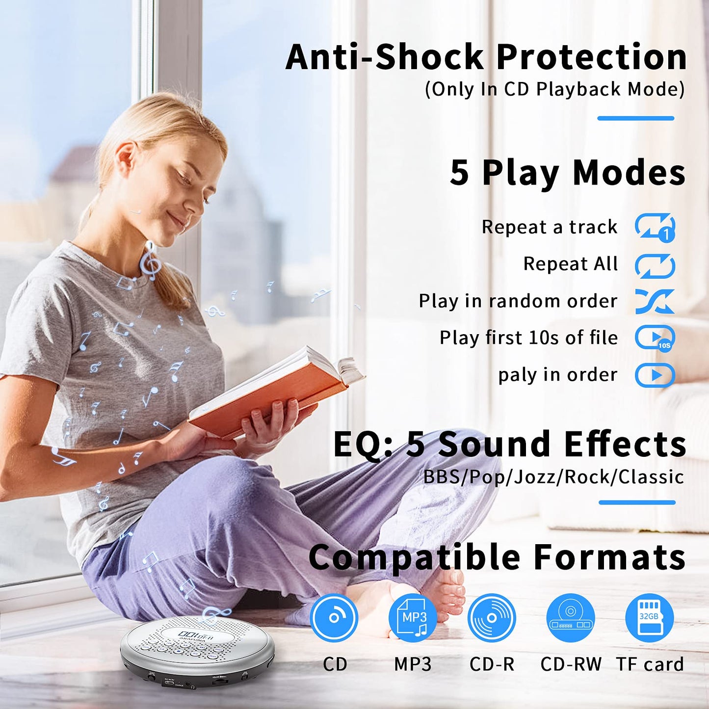 ARAFUNA CD Player Portable, Rechargeable Portable CD Players for Car with Speakers, Anti-Skip Walkman CD Player with Backlit Button, LCD Display and AUX Cable