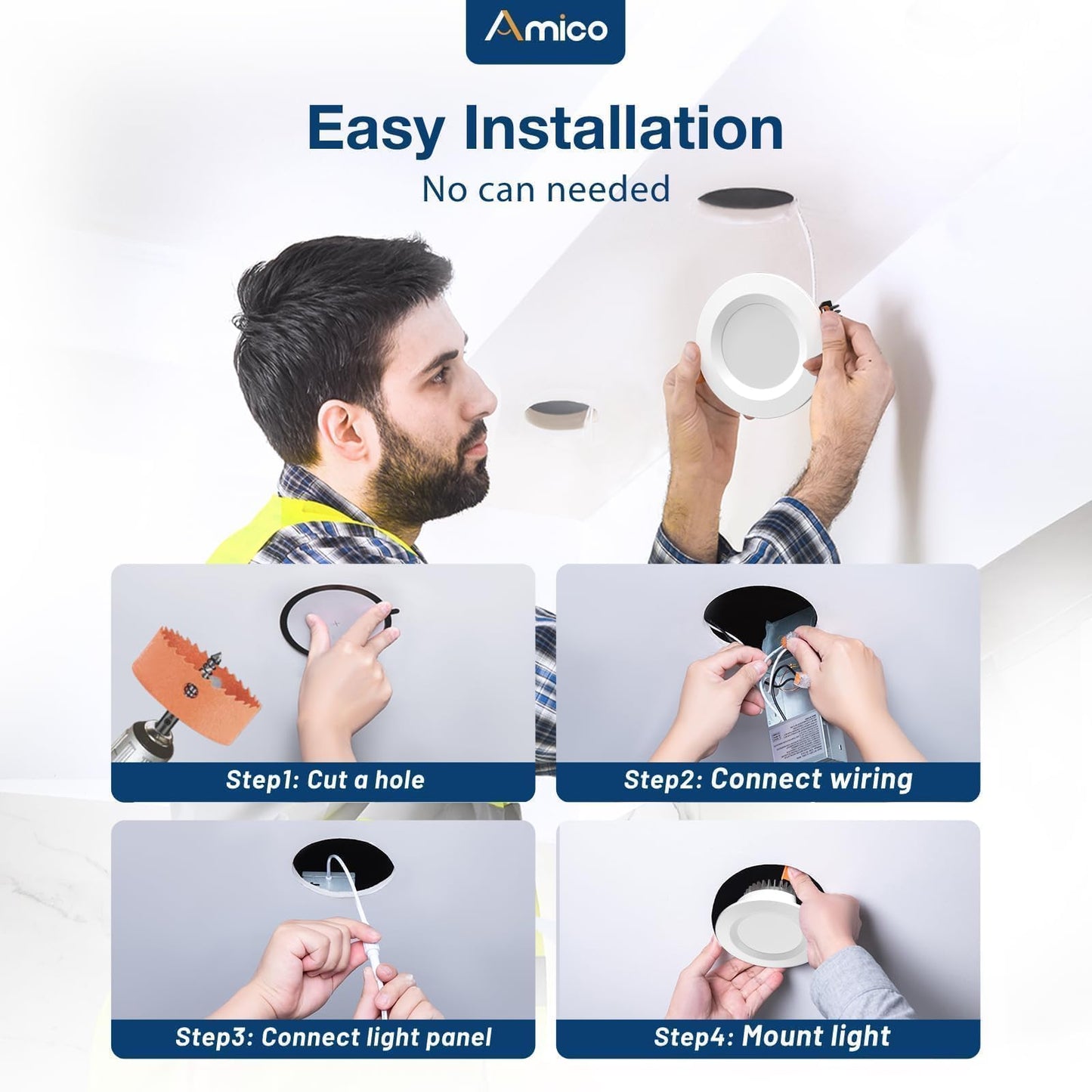 Amico 6 Pack 2 Inch 5CCT Ultra-Thin LED Canless Recessed Ceiling Light with Junction Box, 2700K/3000K/3500K/4000K/5000K Selectable, CRI90+, 6W=40W, 350LM, Dimmable Canless Wafer Downlight-ETL&FCC