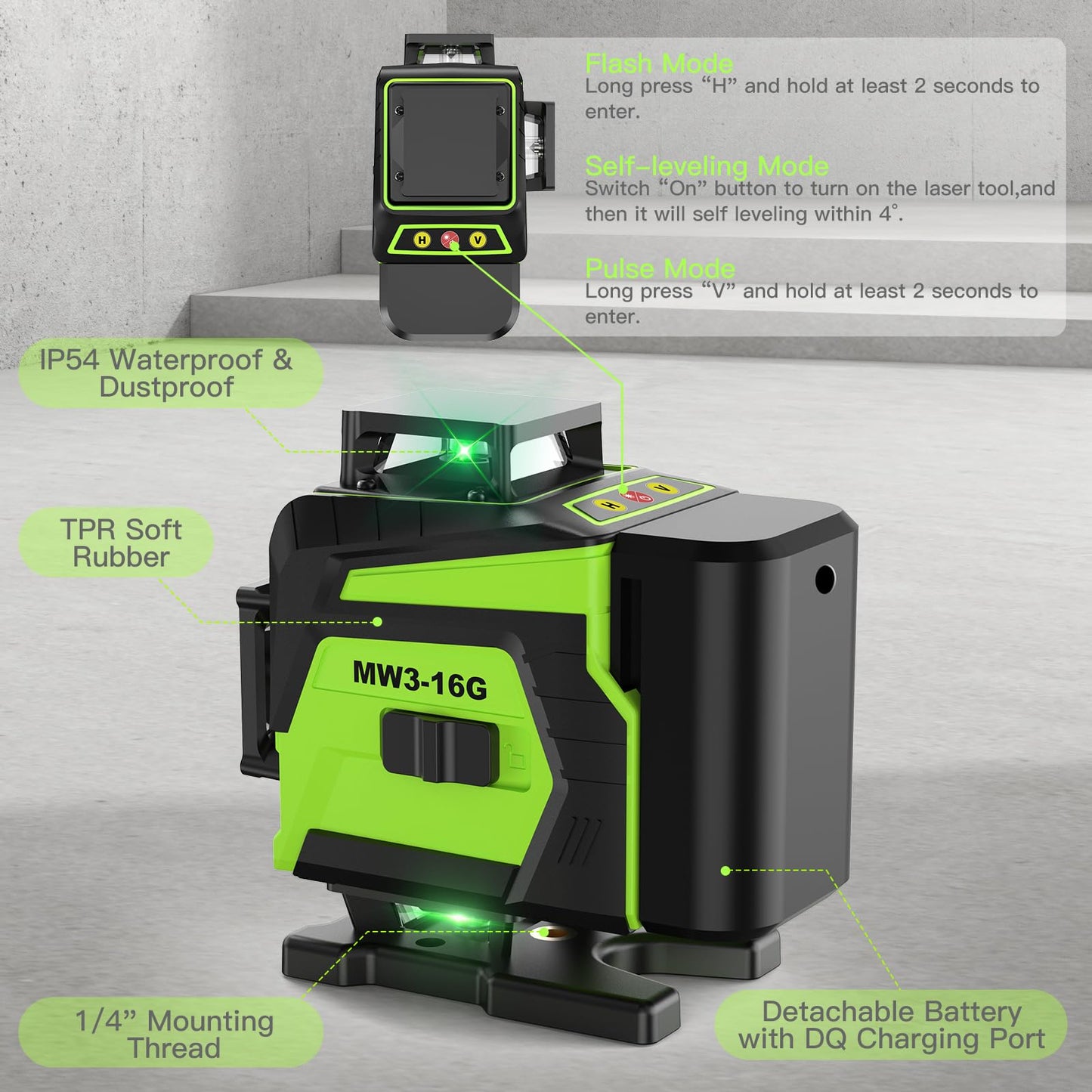 16 Line Laser Level 360 Self Leveling, 4x360°Professional 4D Green Cross Line laser Level with 2 Batteries, Adjustable Brightness & Remote Control, for Tiling Floor Construction and Picture Hanging