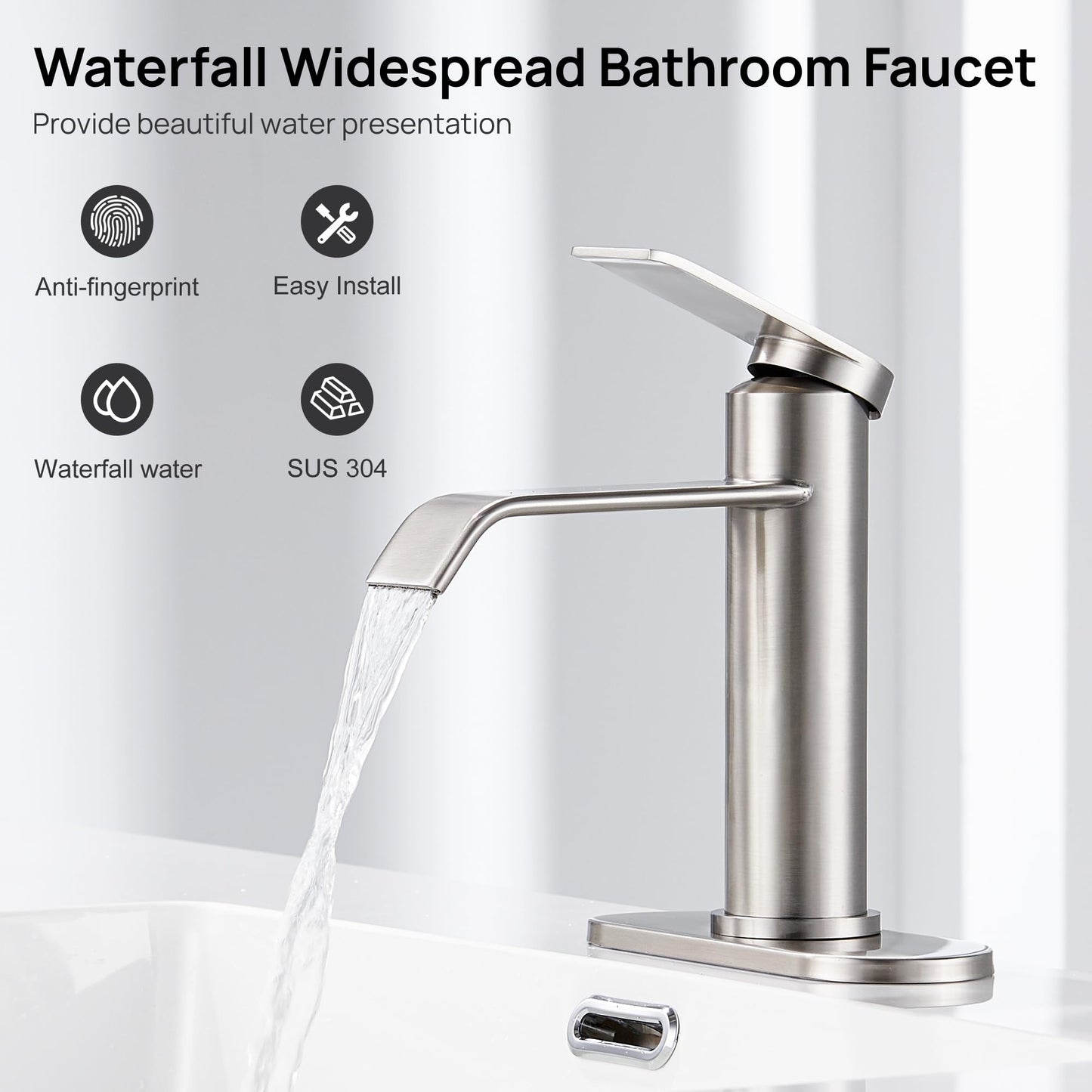 GAGALIFE Bathroom Faucet 1 Hole, Brushed Nickel Bathroom Sink Faucet with Metal Pop-up Drain Supply Lines and Deck, Modern Waterfall Bathroom Faucets Single Handle, JJL-MP-7001BN