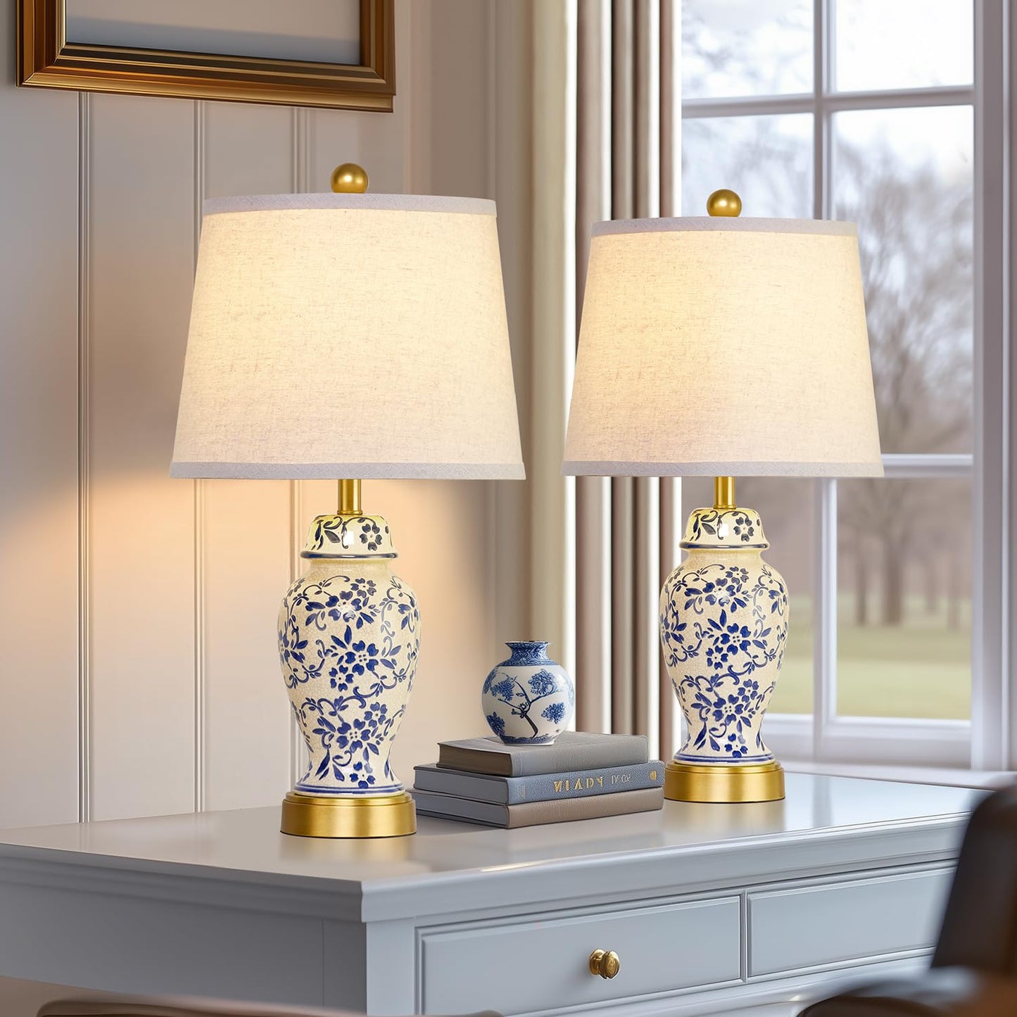 RORIANO Chinoiserie Ceramic Table Lamps Set of 2 for Living Room Bedroom Bedside, Traditional Blue Porcelain Classic Table Lamp for Nightstand Entryway, 2 LED Bulbs Included (Gold)