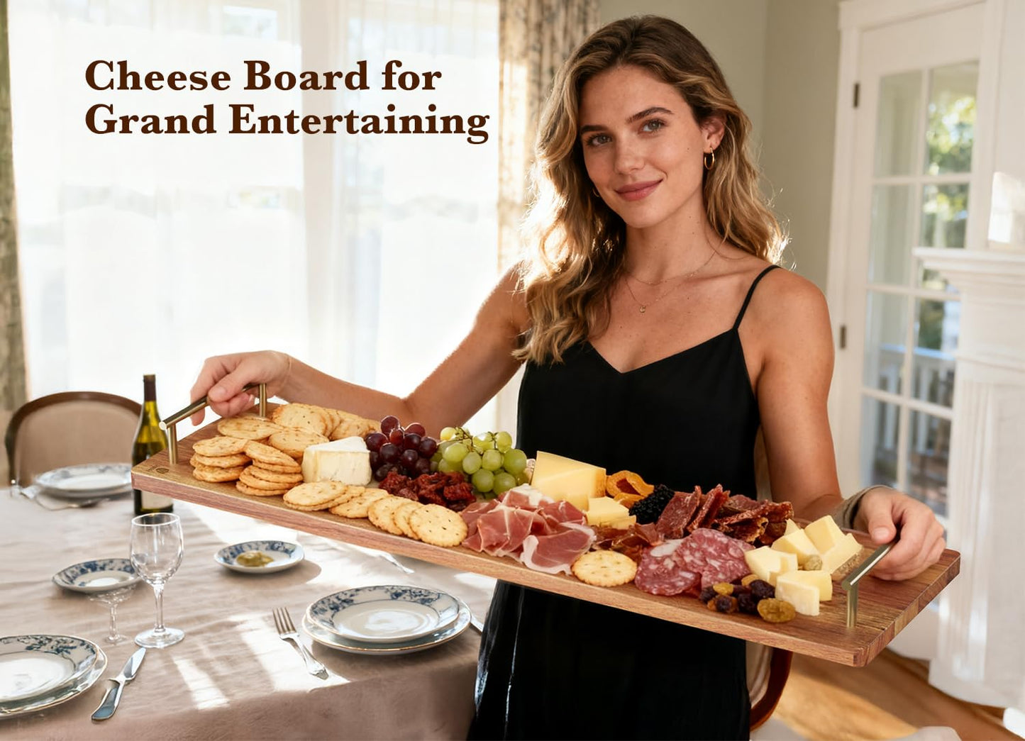 Dofira Large Charcuterie Board with Metal Handles – 32" Acacia Wood Serving Board for Cheese, Meat & Appetizers – Extra Long Kitchen Platter for Gatherings, BBQ & Home Decor