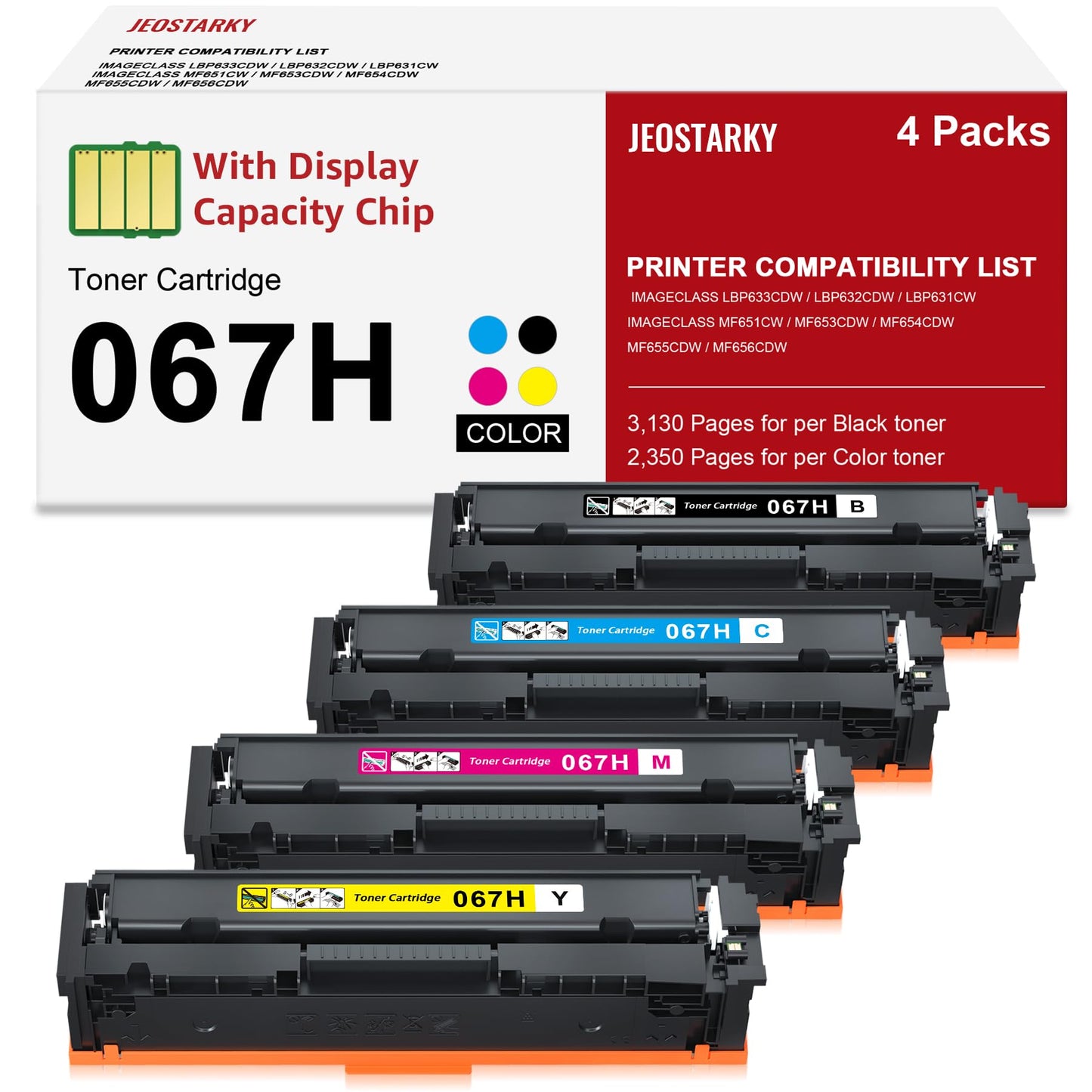 Jeostarky Compatible Canon 067H 067 Toner Cartridge Set Replacement for Canon 067H Compatible for Color ImageClass MF656Cdw LBP632Cdw MF654Cdw MF653Cdw LBP633Cdw MF650C LBP630C MF652Cw Printer 4 Pack