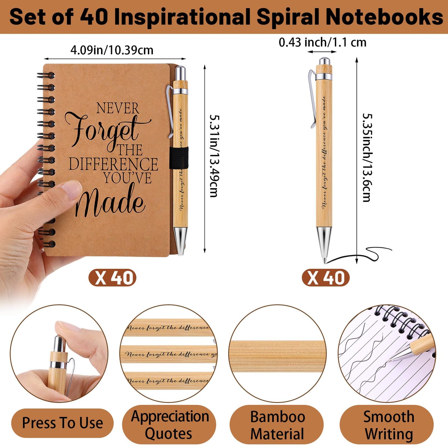 80 Pcs Back to School Appreciation Gifts Teacher Employee Appreciation Gifts Inspirational Spiral Notebooks Bulk Motivational Journals Thank You Bamboo Ballpoint Pens for Nurse Coworker (NEVER FORGET)