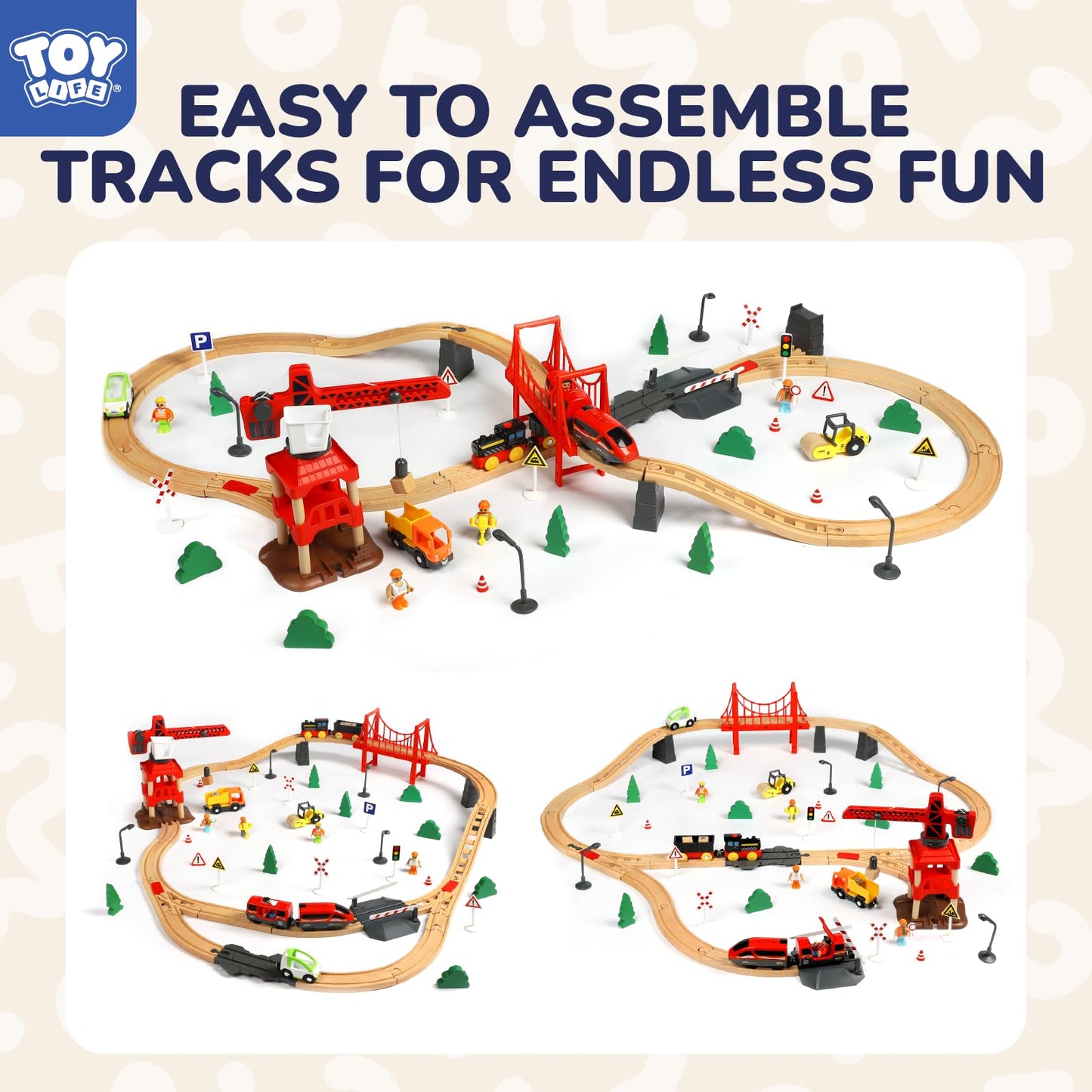 TOY Life Train Set 80pcs with Crane & Locomotive Train Toy, Wooden Train Tracks Toys for Toddlers Boys Girls 3 4 5, Wood Toys Gift Toddler Train for Kids 4-8 - Fits Thomas Brio Chuggington