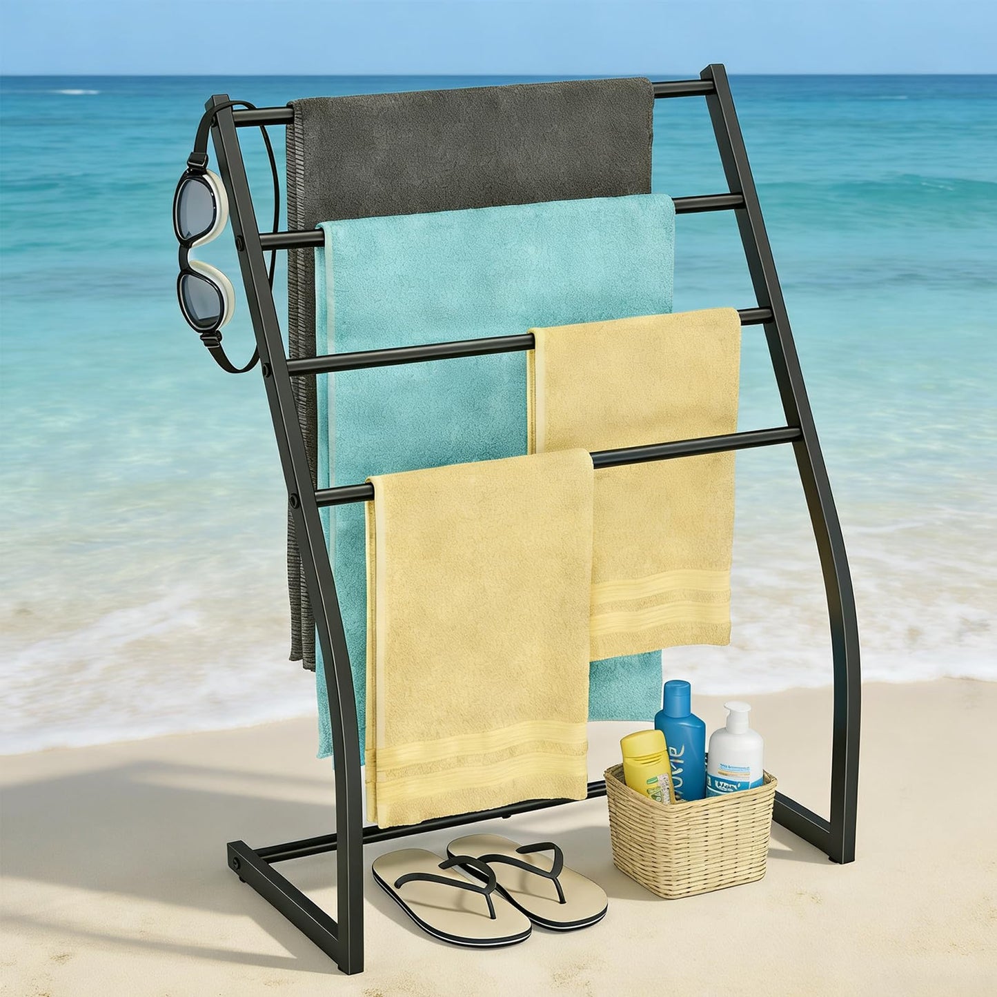 Honiter Towel Drying Rack for Bathroom, Free Standing Towel Rack, 4 Tier Wide Towel Dryer Rack, Pool Towel Racks Outdoor, Blanket Ladder Holder, Metal Towel Bar Stand for Oversized Bath Towel